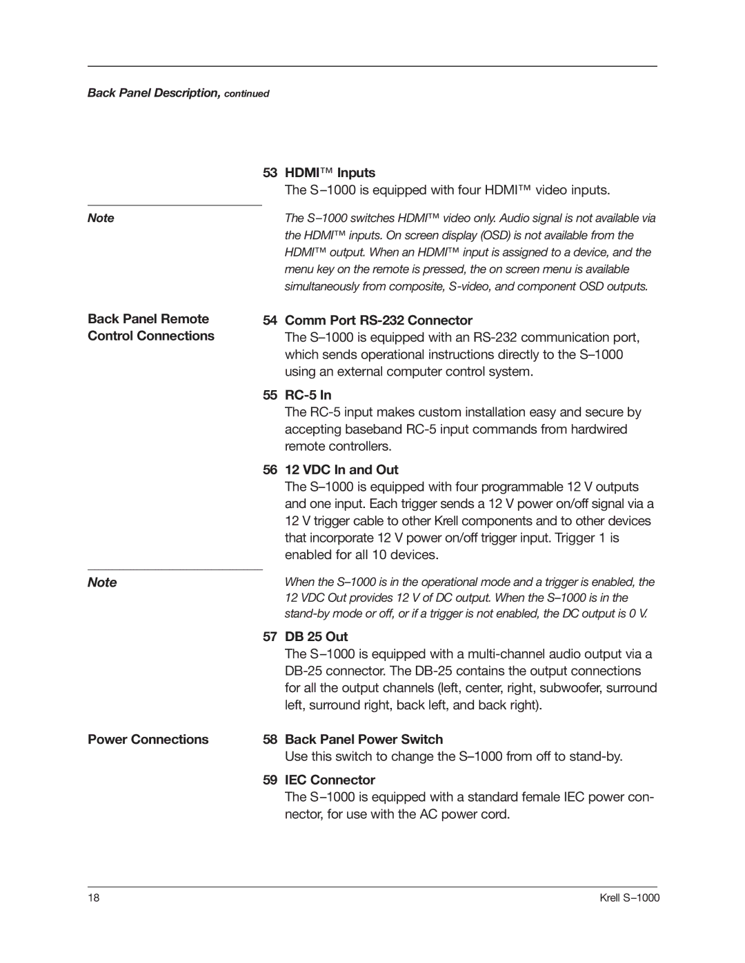 Krell Industries S-1000 manual Power Connections Comm Port RS-232 Connector, 55 RC-5, 56 12 VDC In and Out, 57 DB 25 Out 