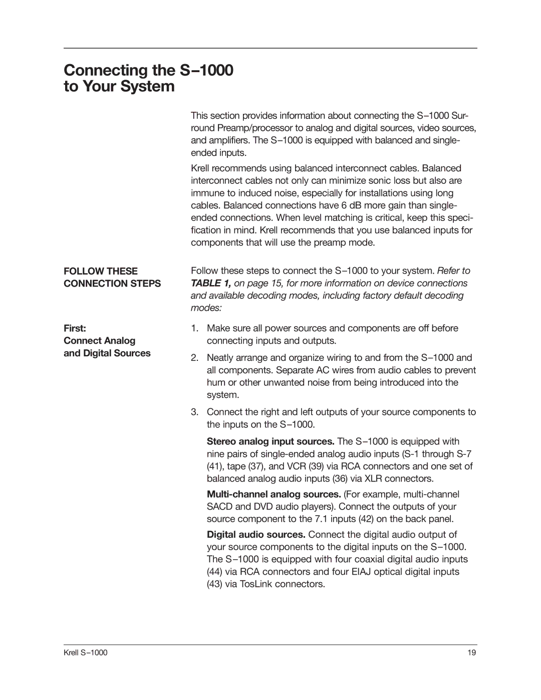 Krell Industries manual Connecting the S-1000 to Your System, First Connect Analog Digital Sources 