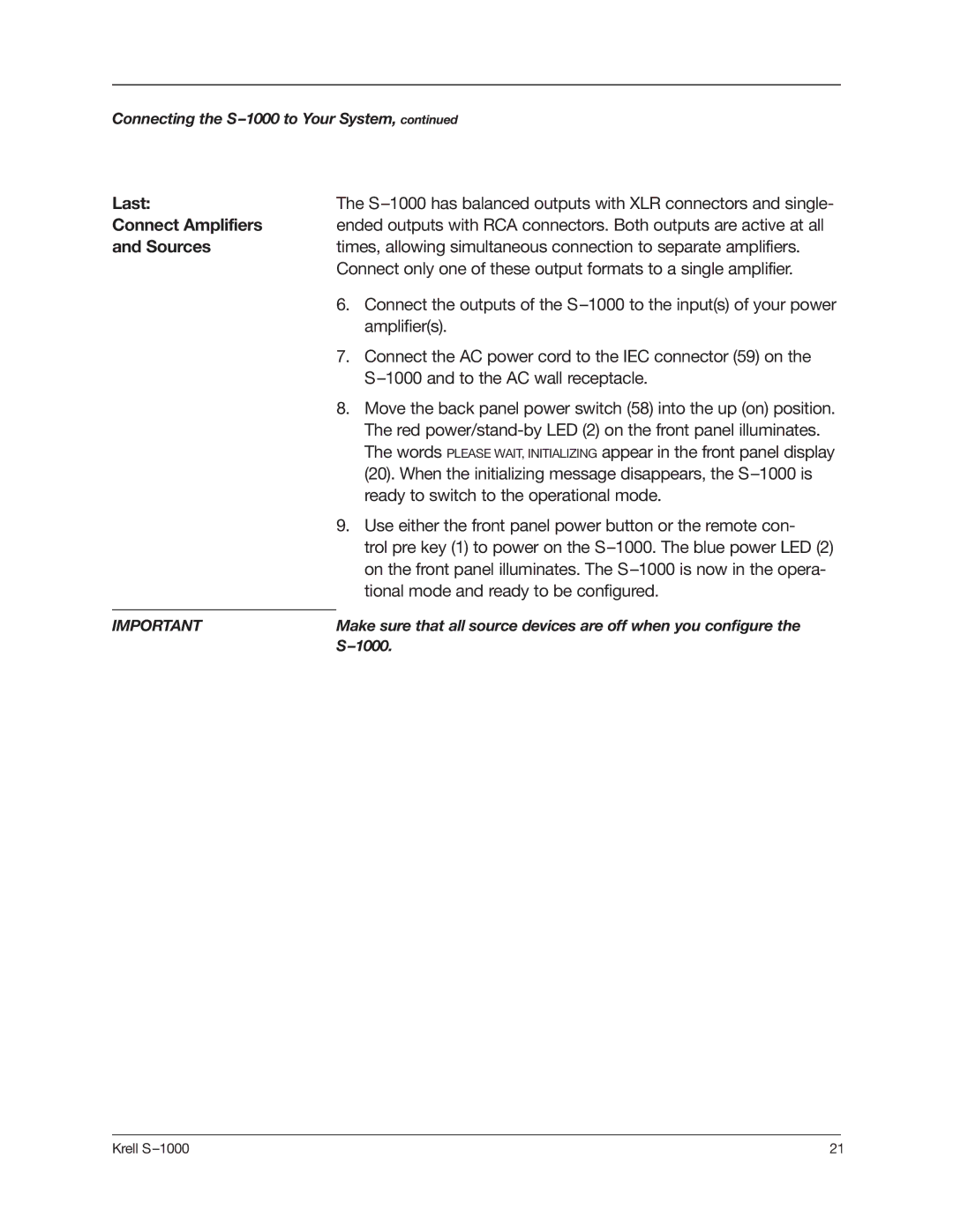 Krell Industries S-1000 manual Last, Connect Amplifiers 