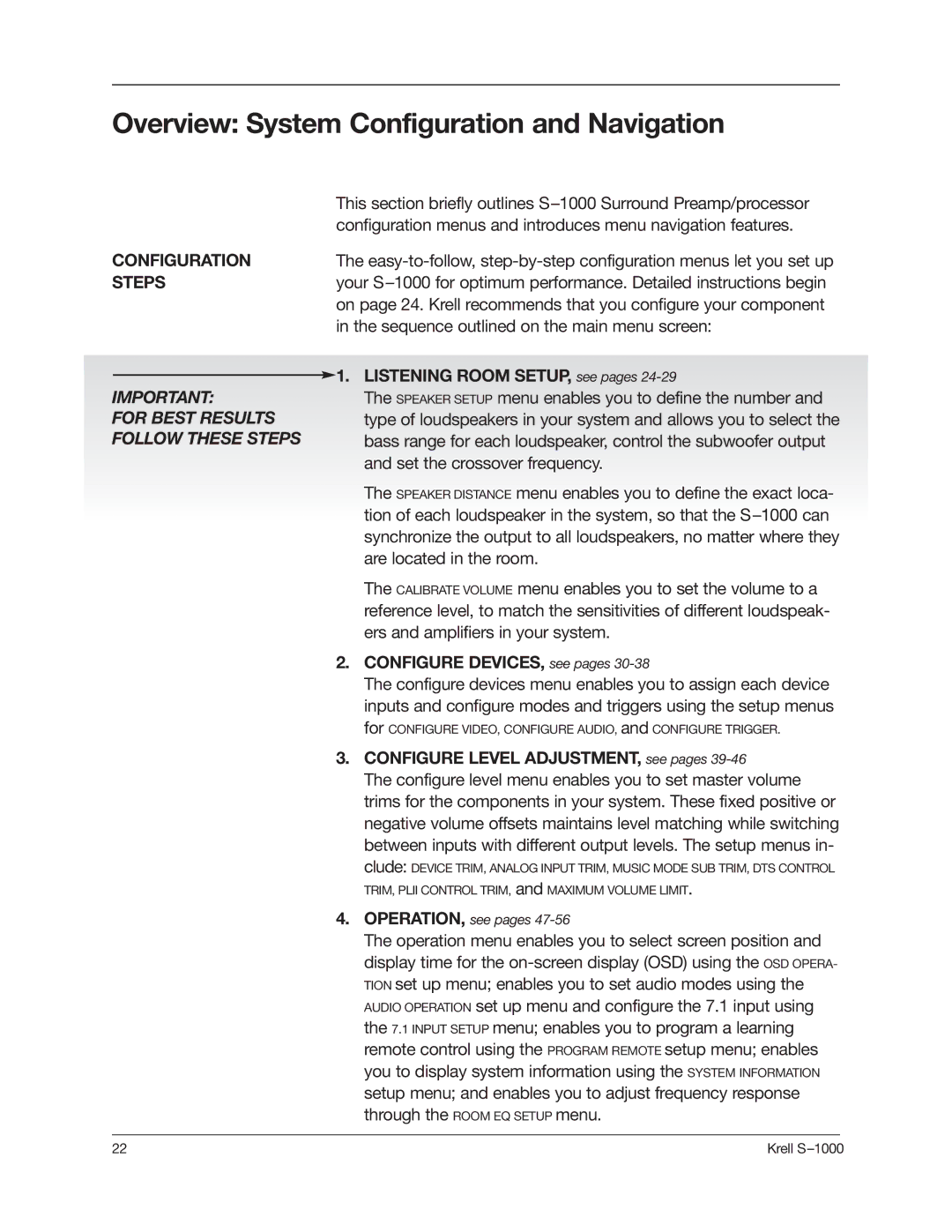 Krell Industries S-1000 manual Overview System Configuration and Navigation, Steps 