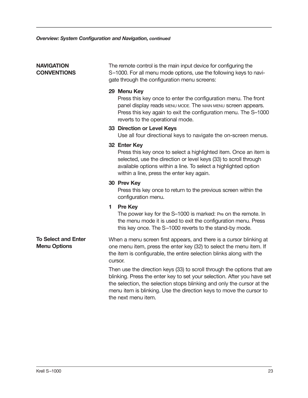 Krell Industries S-1000 manual Navigation, Conventions, Direction or Level Keys, Pre Key 