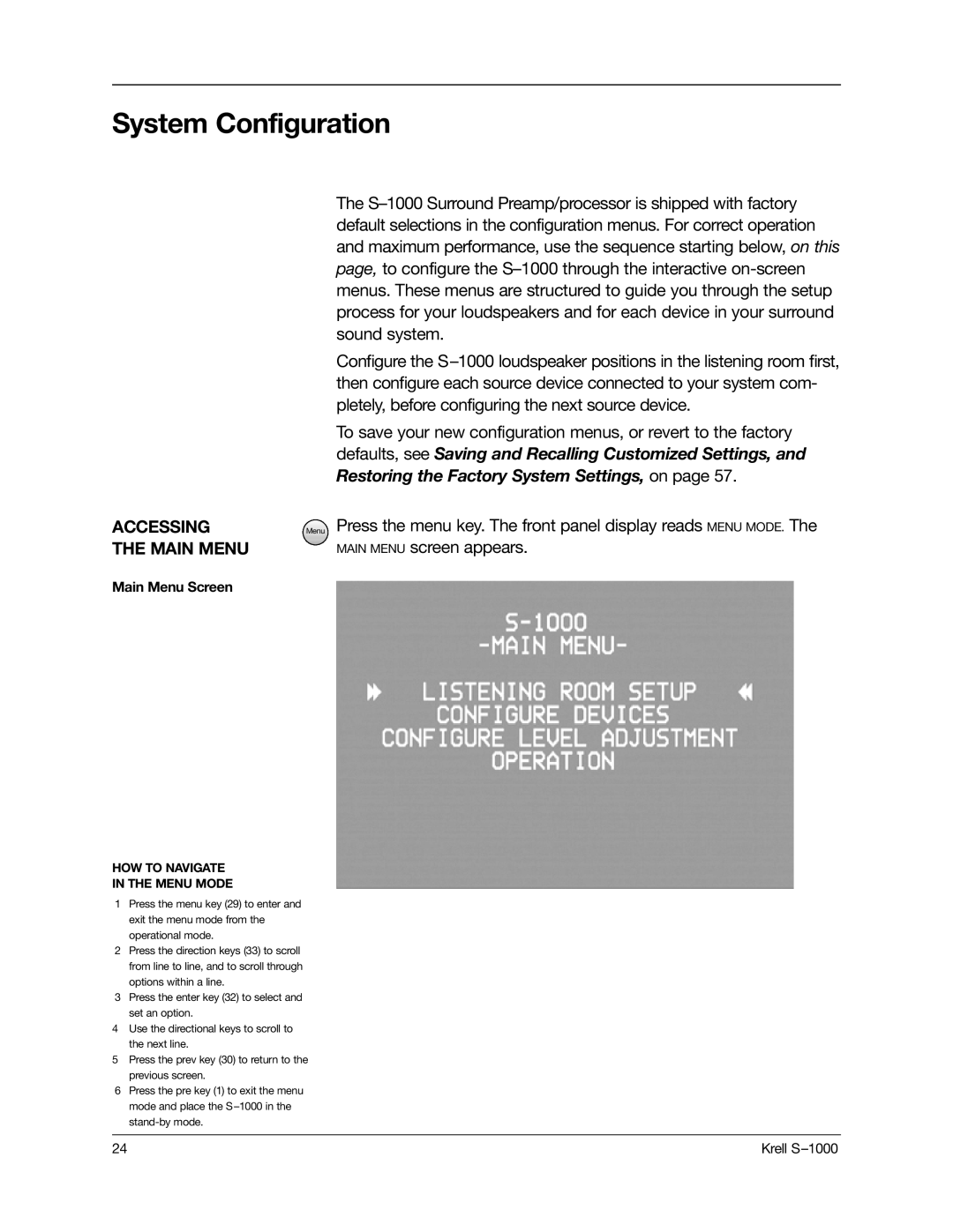 Krell Industries S-1000 manual System Configuration, Accessing Menu, Main Menu 