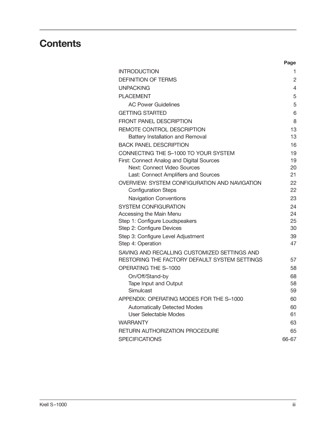 Krell Industries S-1000 manual Contents 