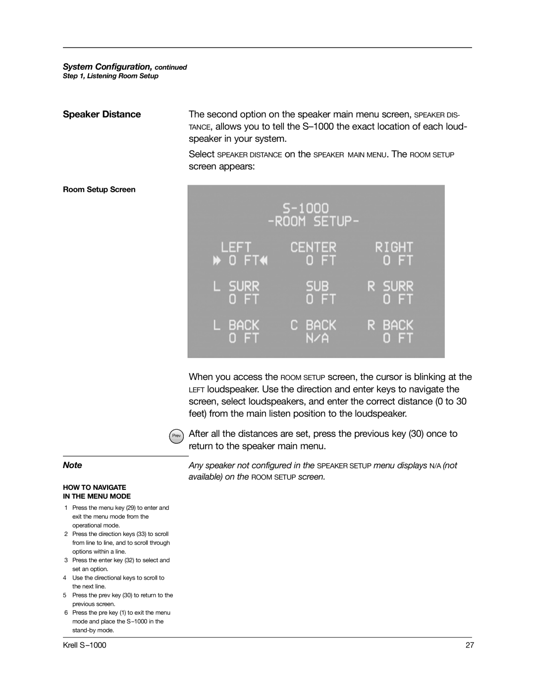 Krell Industries S-1000 manual Speaker Distance, Second option on the speaker main menu screen, Speaker DIS 