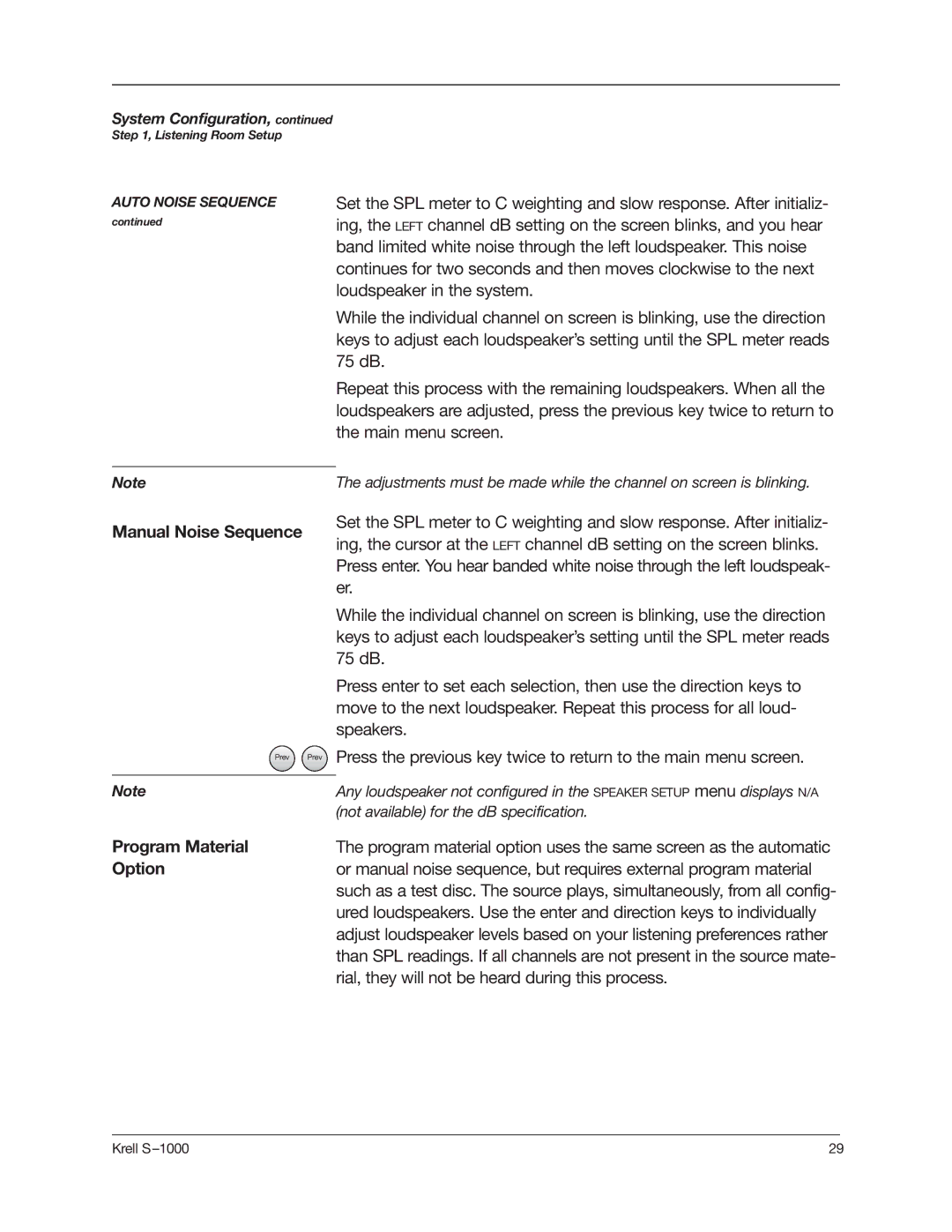 Krell Industries S-1000 manual Manual Noise Sequence, Program Material, Option 