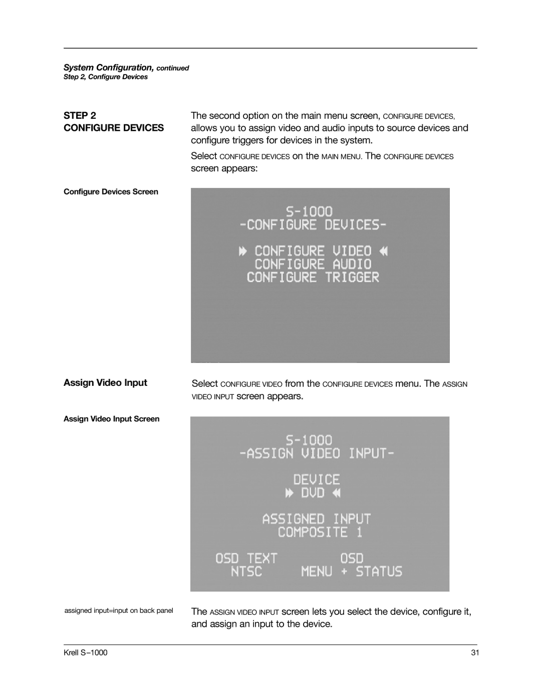 Krell Industries S-1000 manual Configure Devices, Assign Video Input 