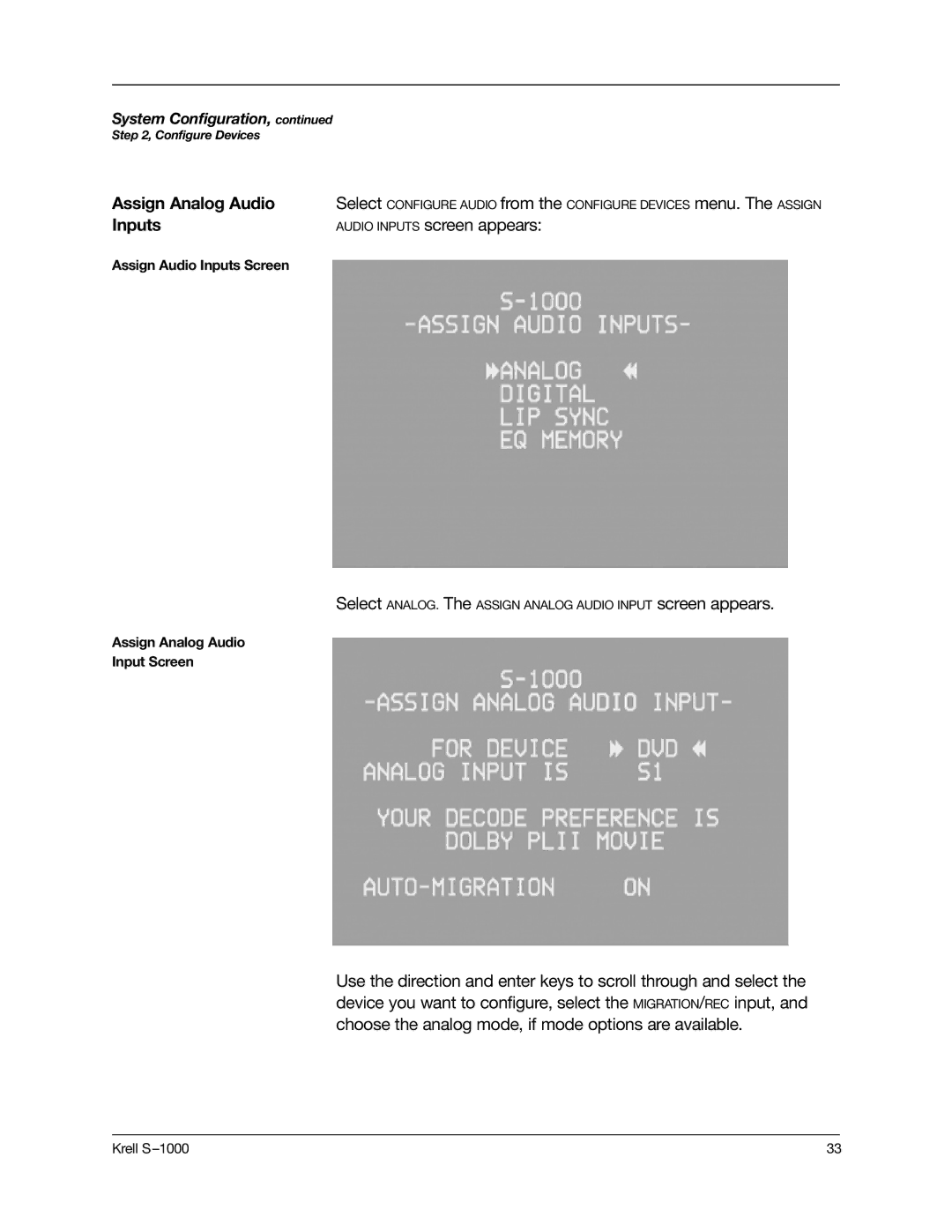 Krell Industries S-1000 manual Assign Analog Audio, Audio Inputs screen appears 