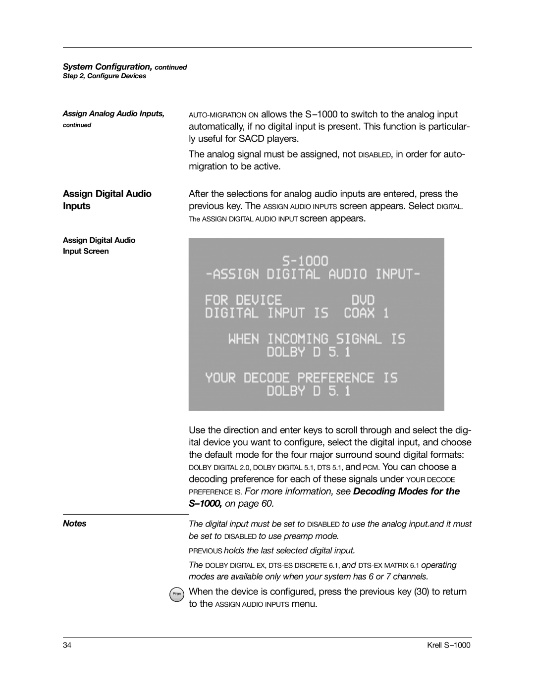 Krell Industries S-1000 manual Ly useful for Sacd players, Migration to be active, Assign Digital Audio 