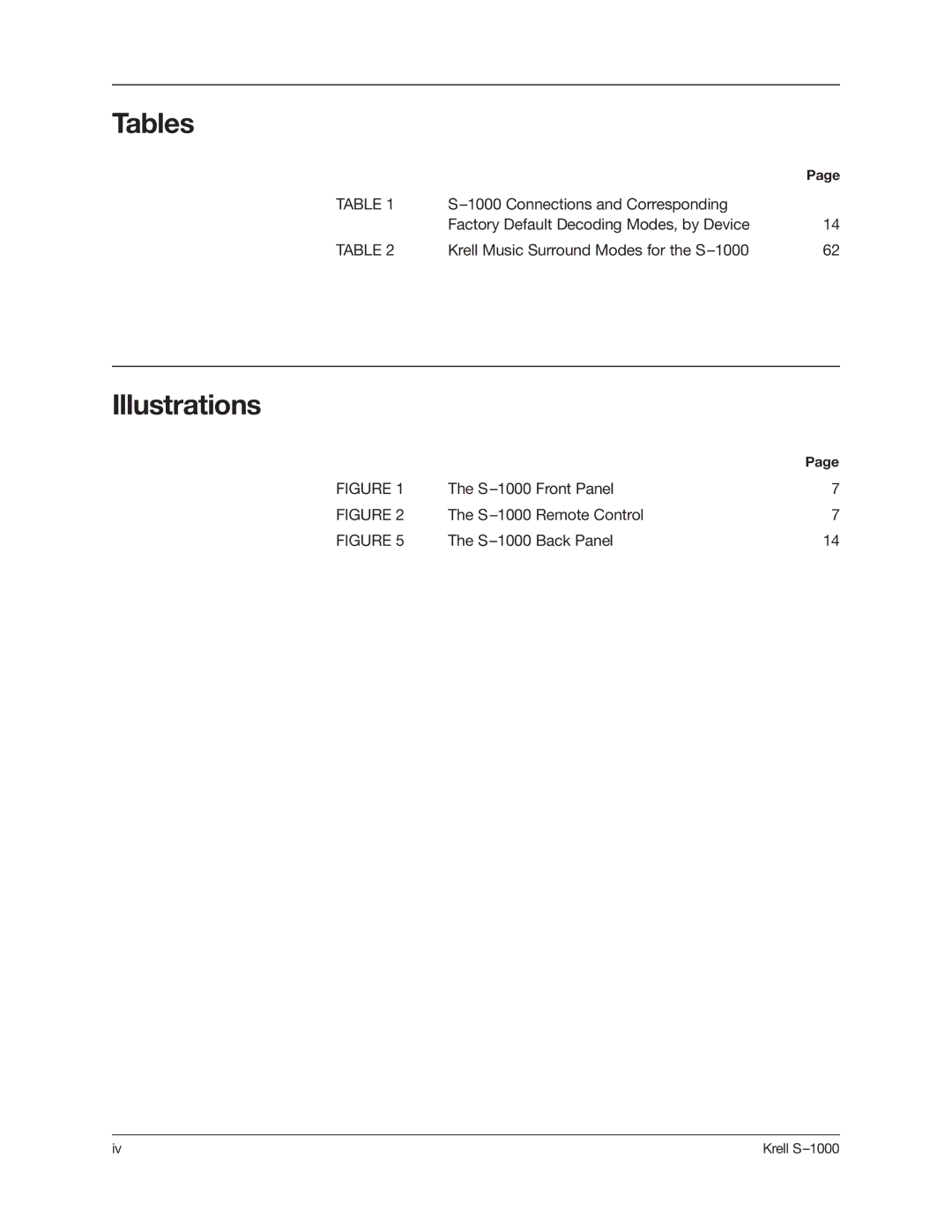 Krell Industries S-1000 manual Tables, Illustrations 