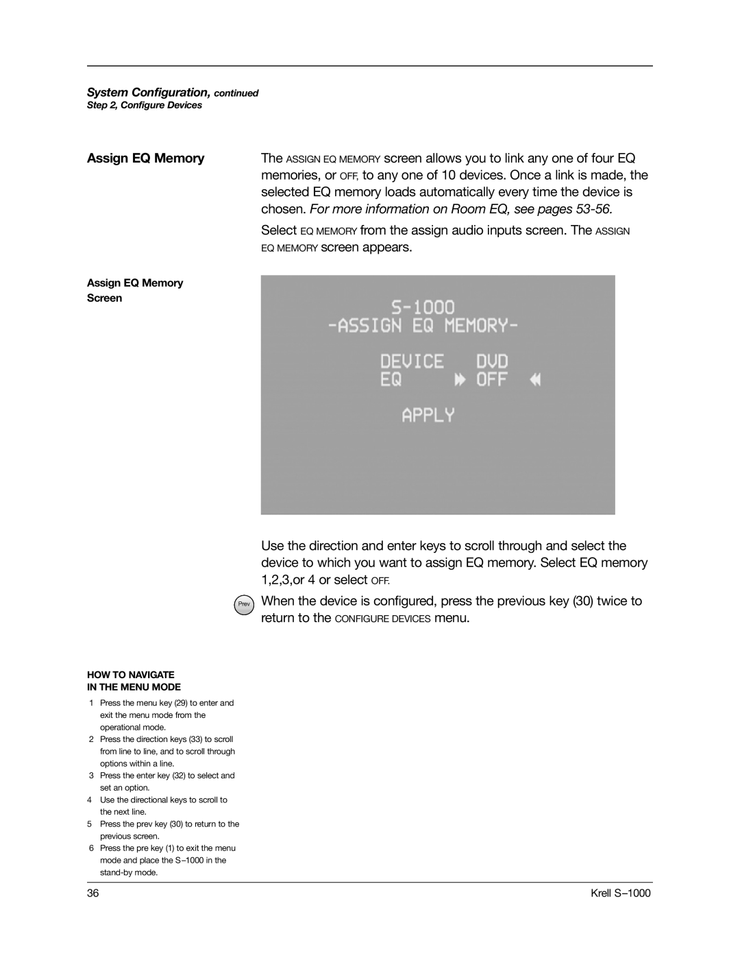 Krell Industries S-1000 manual Assign EQ Memory, EQ Memory screen appears 
