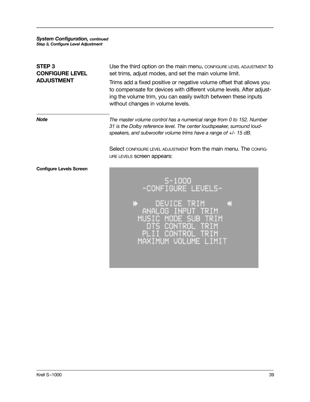 Krell Industries S-1000 manual URE Levels screen appears 