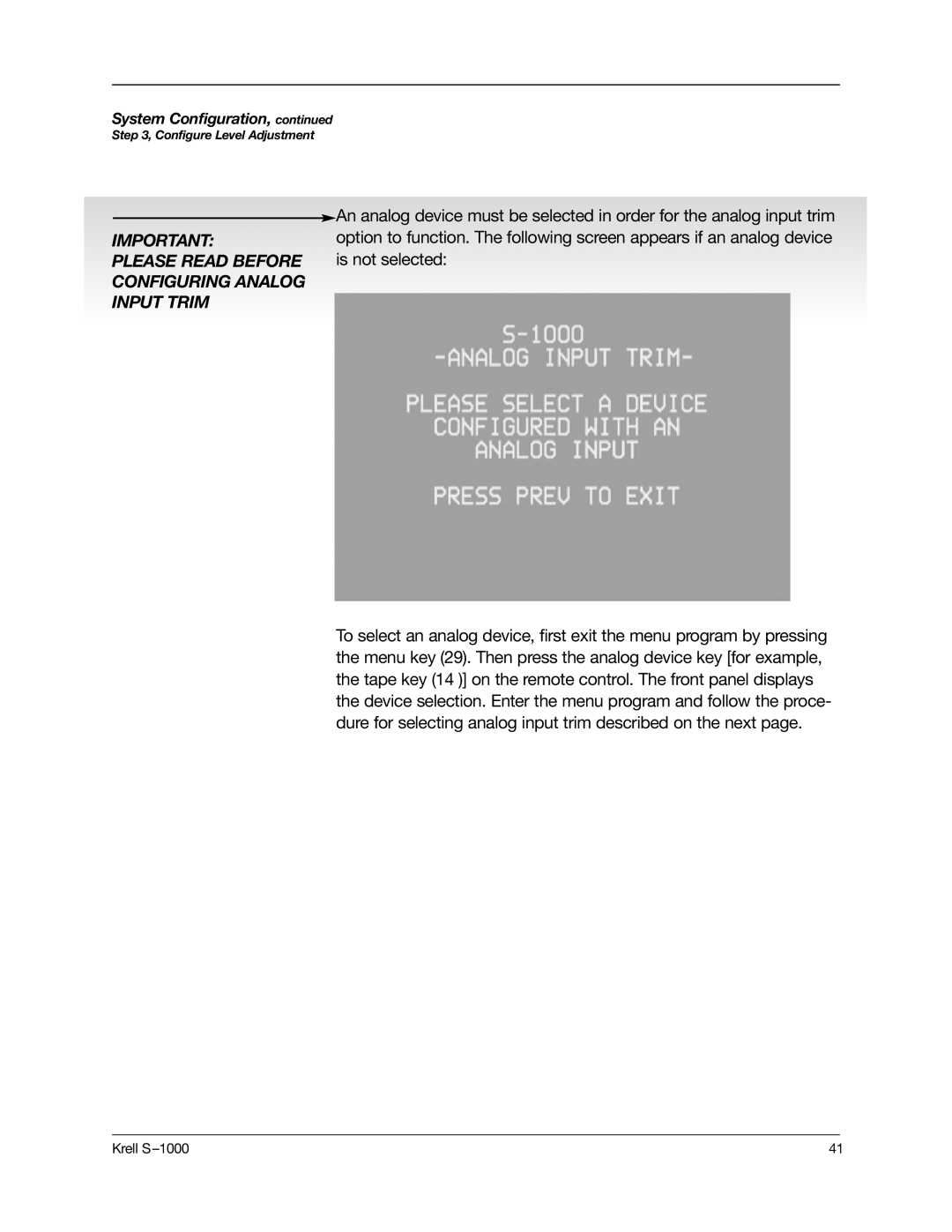 Krell Industries S-1000 manual Configuring Analog Input Trim 