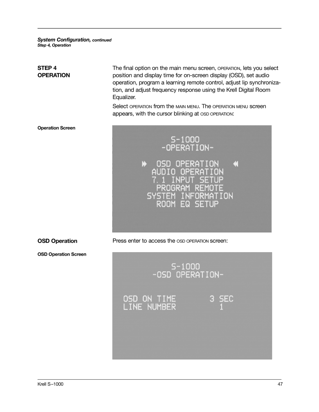 Krell Industries S-1000 manual Equalizer, Appears, with the cursor blinking at OSD Operation 