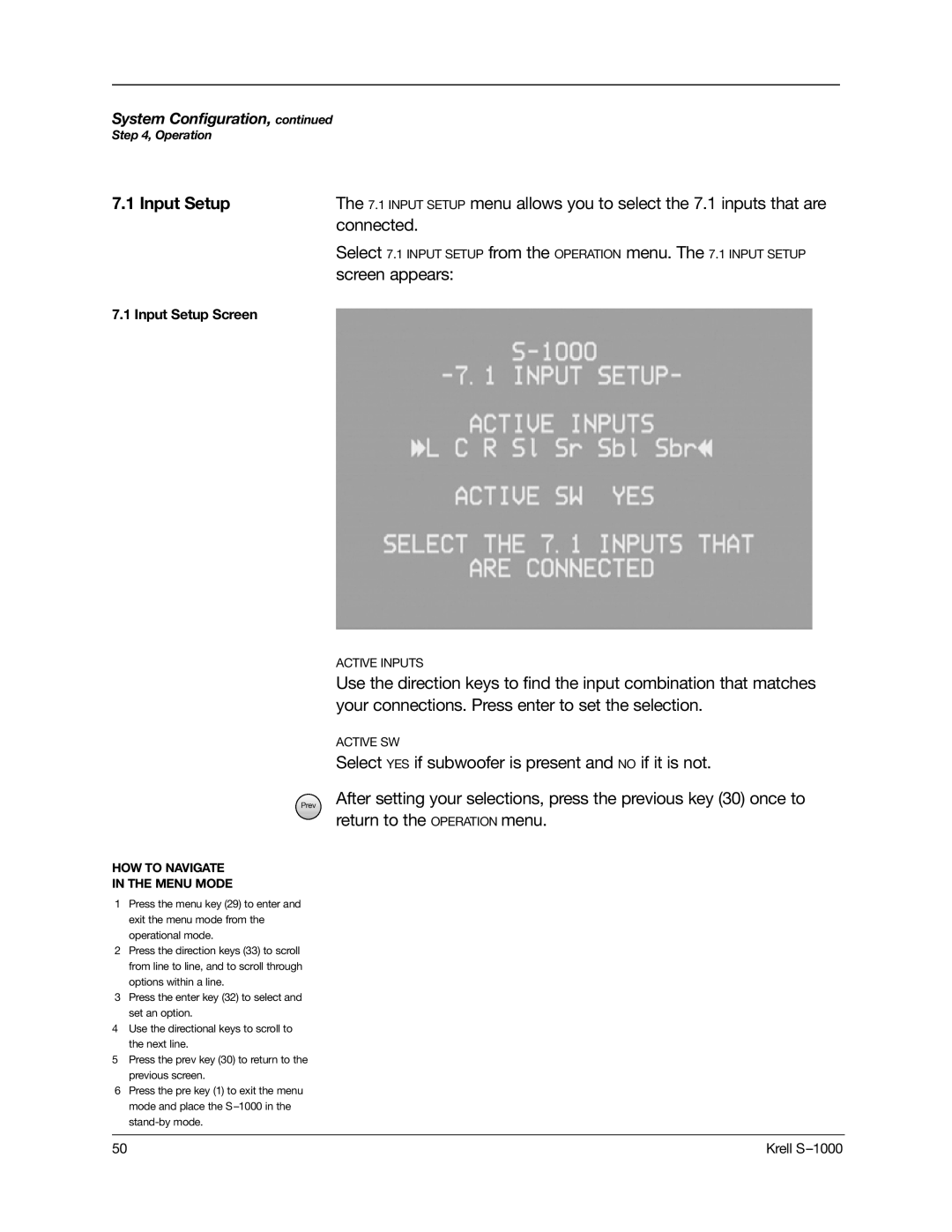 Krell Industries S-1000 manual Input Setup Screen 