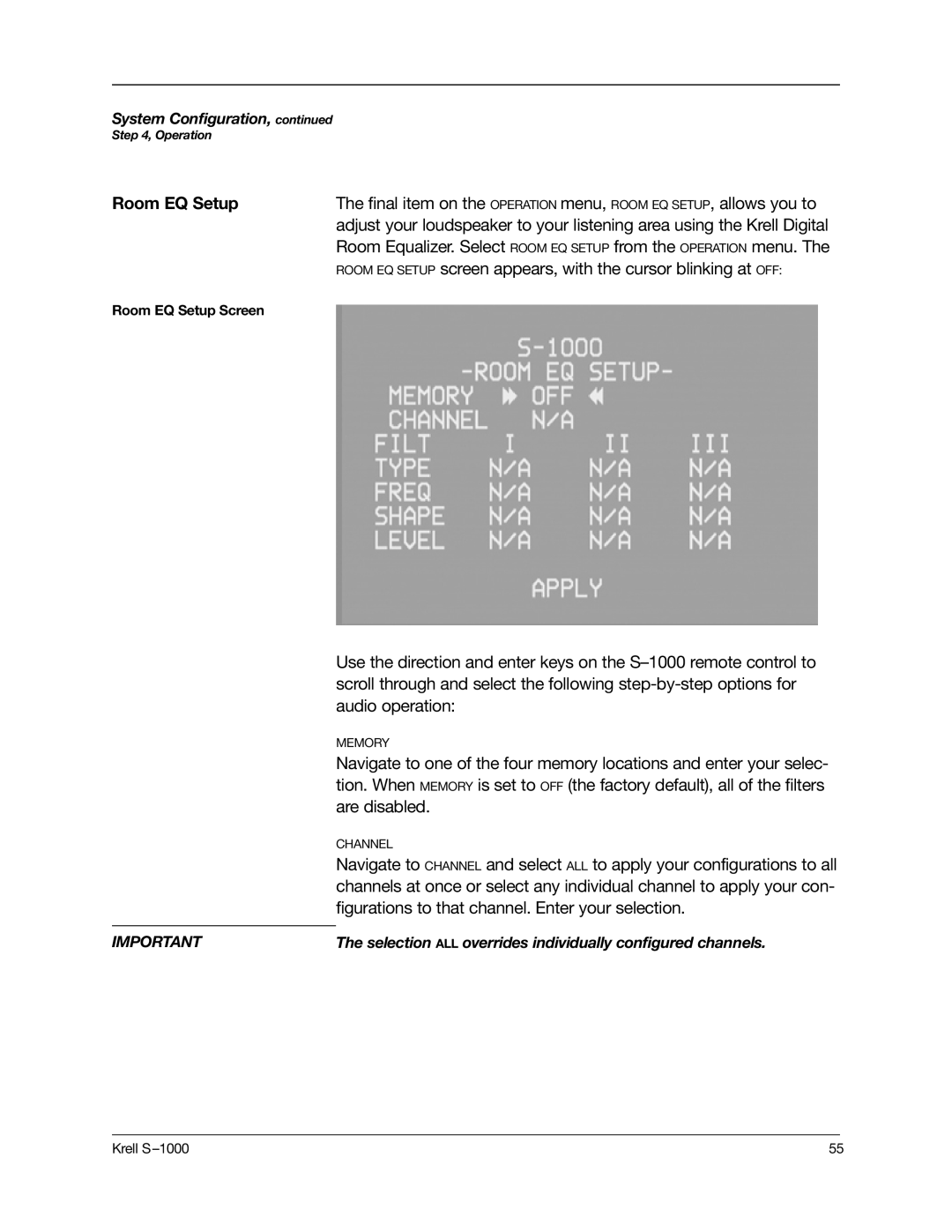 Krell Industries S-1000 manual Room EQ Setup 