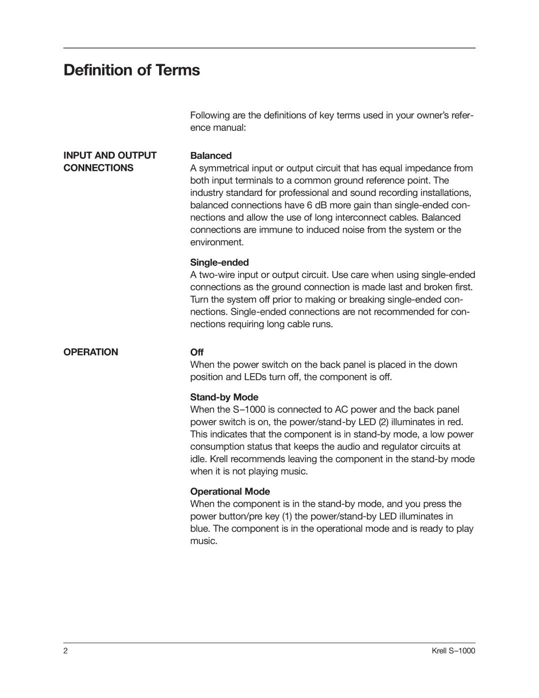 Krell Industries S-1000 manual Definition of Terms, Input and Output, Connections, Operation 