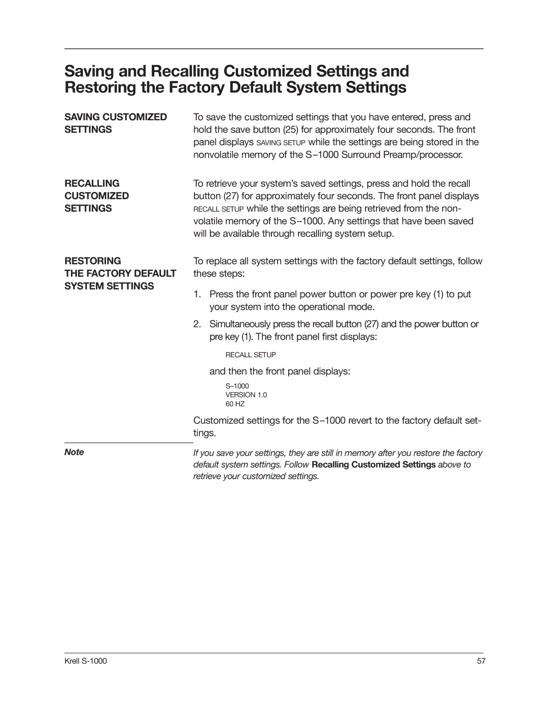 Krell Industries S-1000 manual Saving Customized, Recalling, Restoring, Factory Default, System Settings 