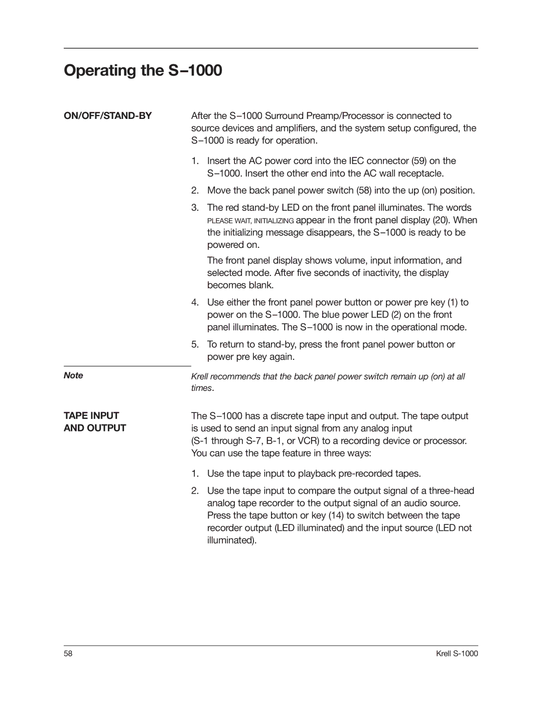 Krell Industries manual Operating the S-1000, ON/OFF/STAND-BY Tape Input Output 