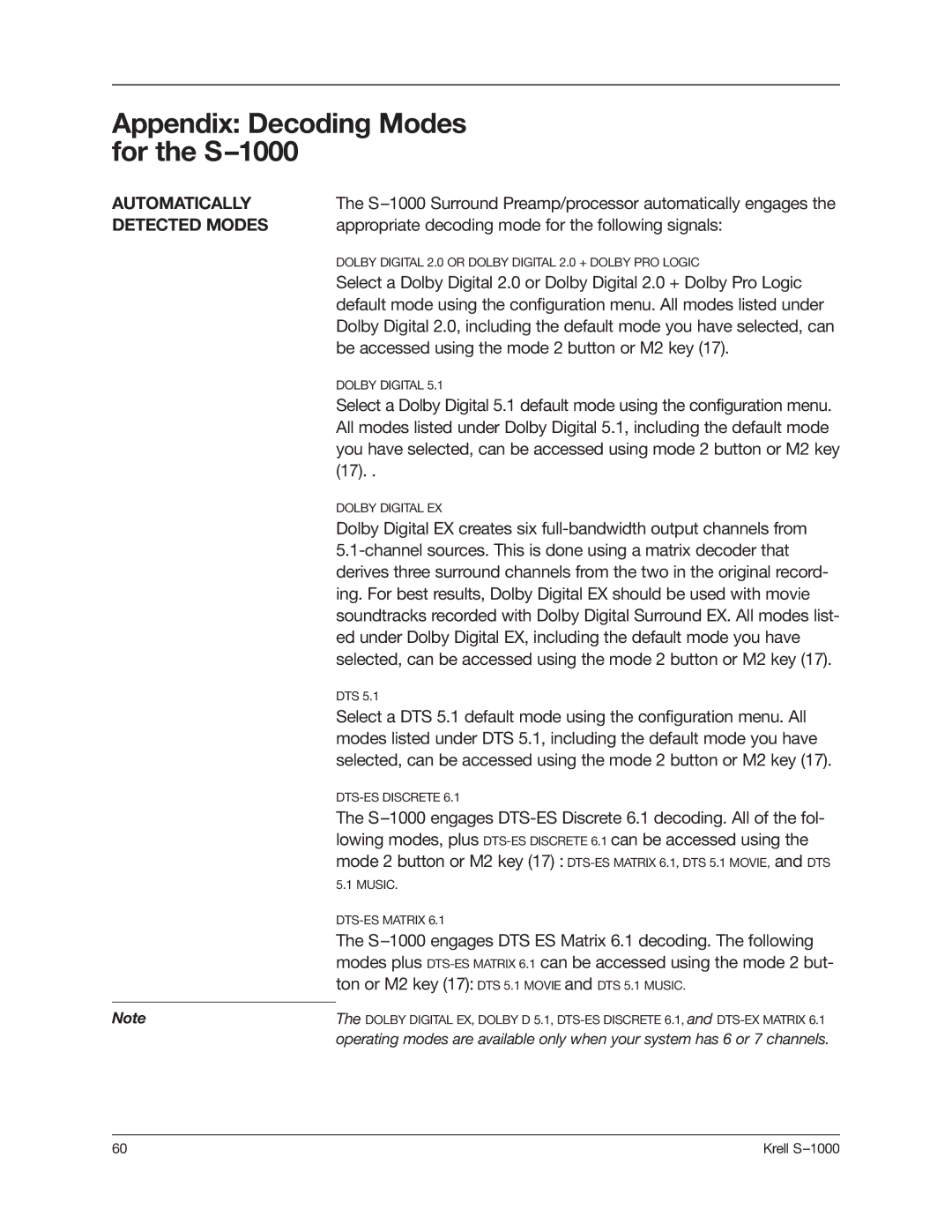 Krell Industries manual Appendix Decoding Modes for the S-1000, Automatically, Detected Modes 