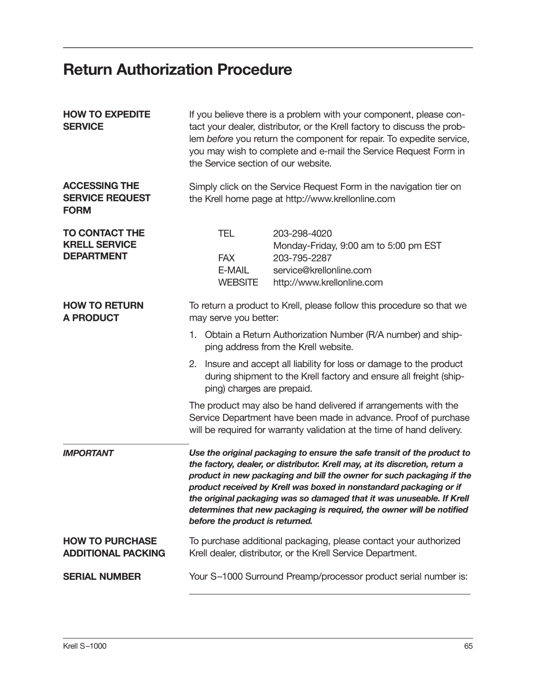 Krell Industries S-1000 manual Return Authorization Procedure, Accessing the Service Request Form, Service@krellonline.com 