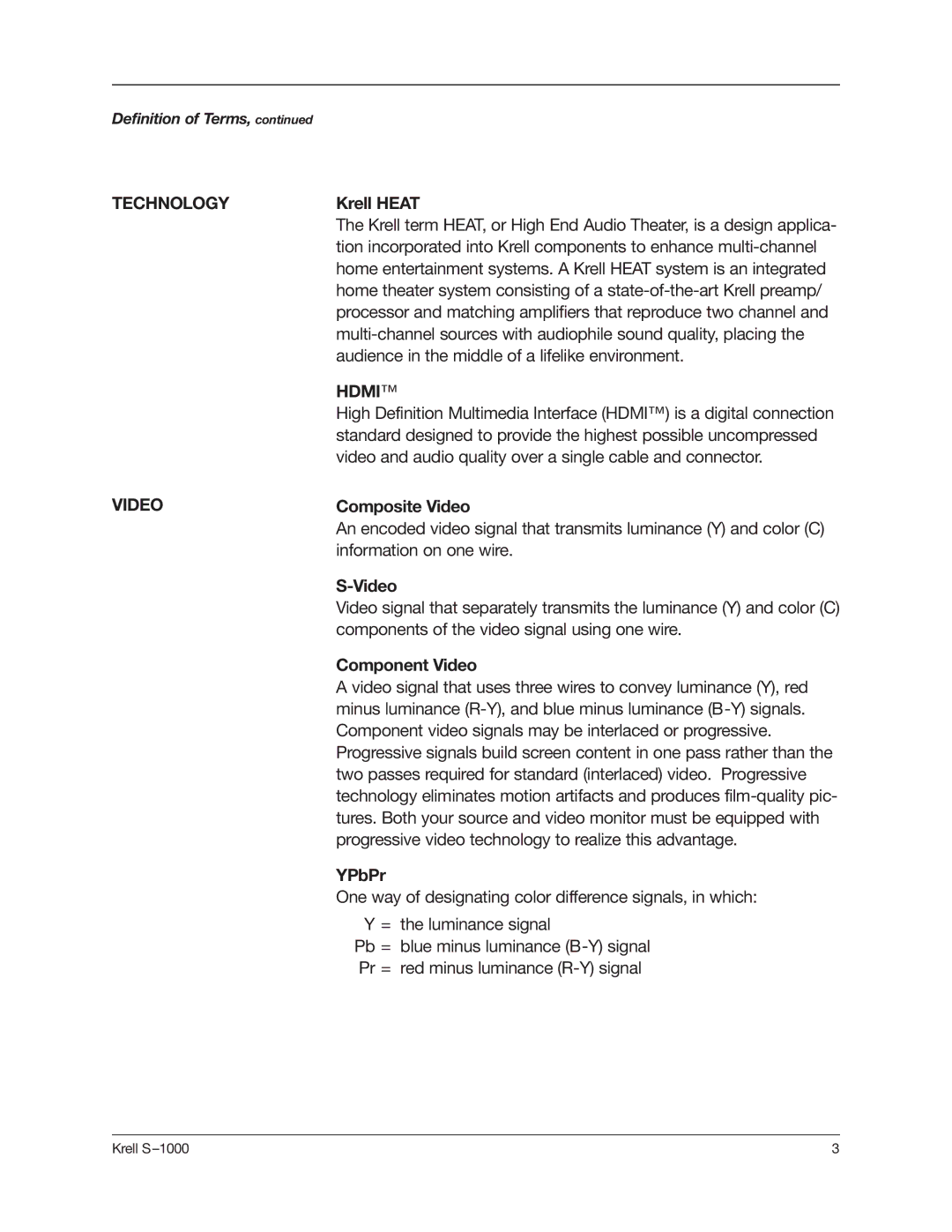 Krell Industries S-1000 manual Technology Video, Hdmi 