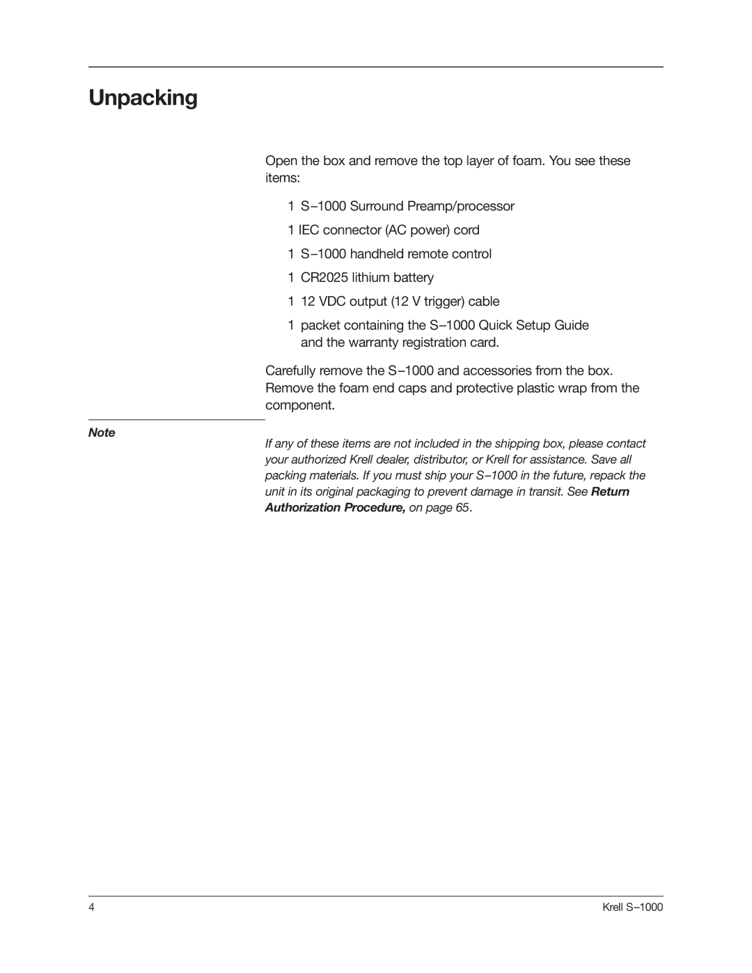 Krell Industries S-1000 manual Unpacking 