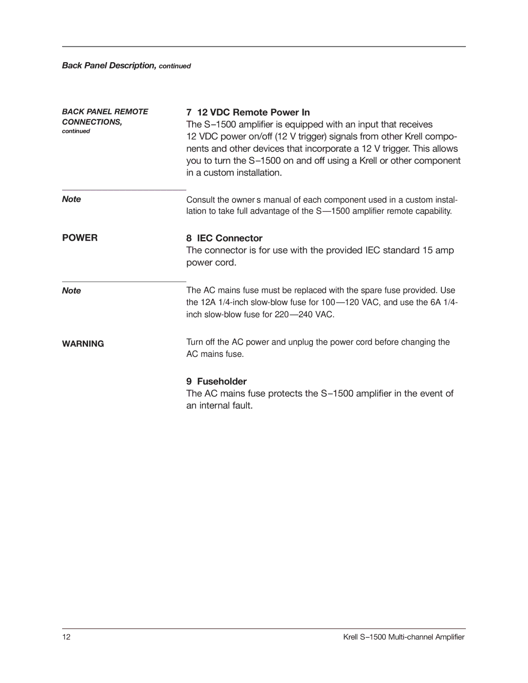 Krell Industries S1500 manual VDC Remote Power, IEC Connector, Fuseholder 