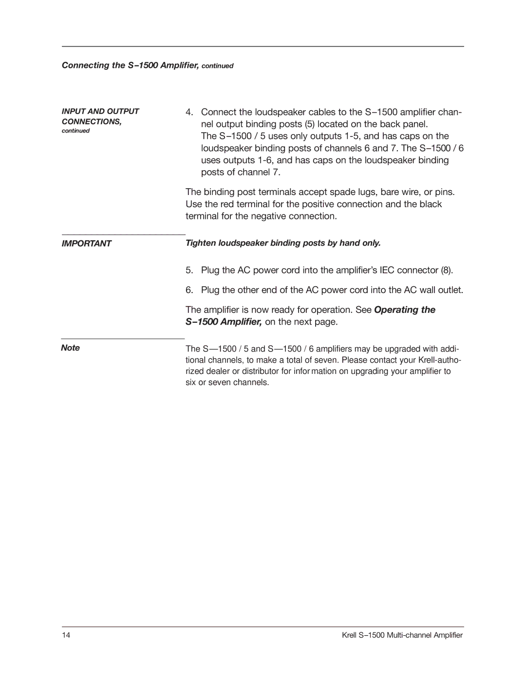 Krell Industries S1500 manual Amplifier, on the next 