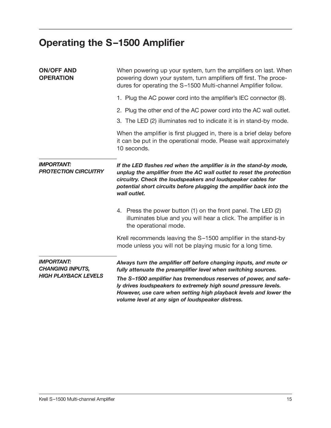 Krell Industries S1500 manual Operating the S-1500 Amplifier, ON/OFF Operation 