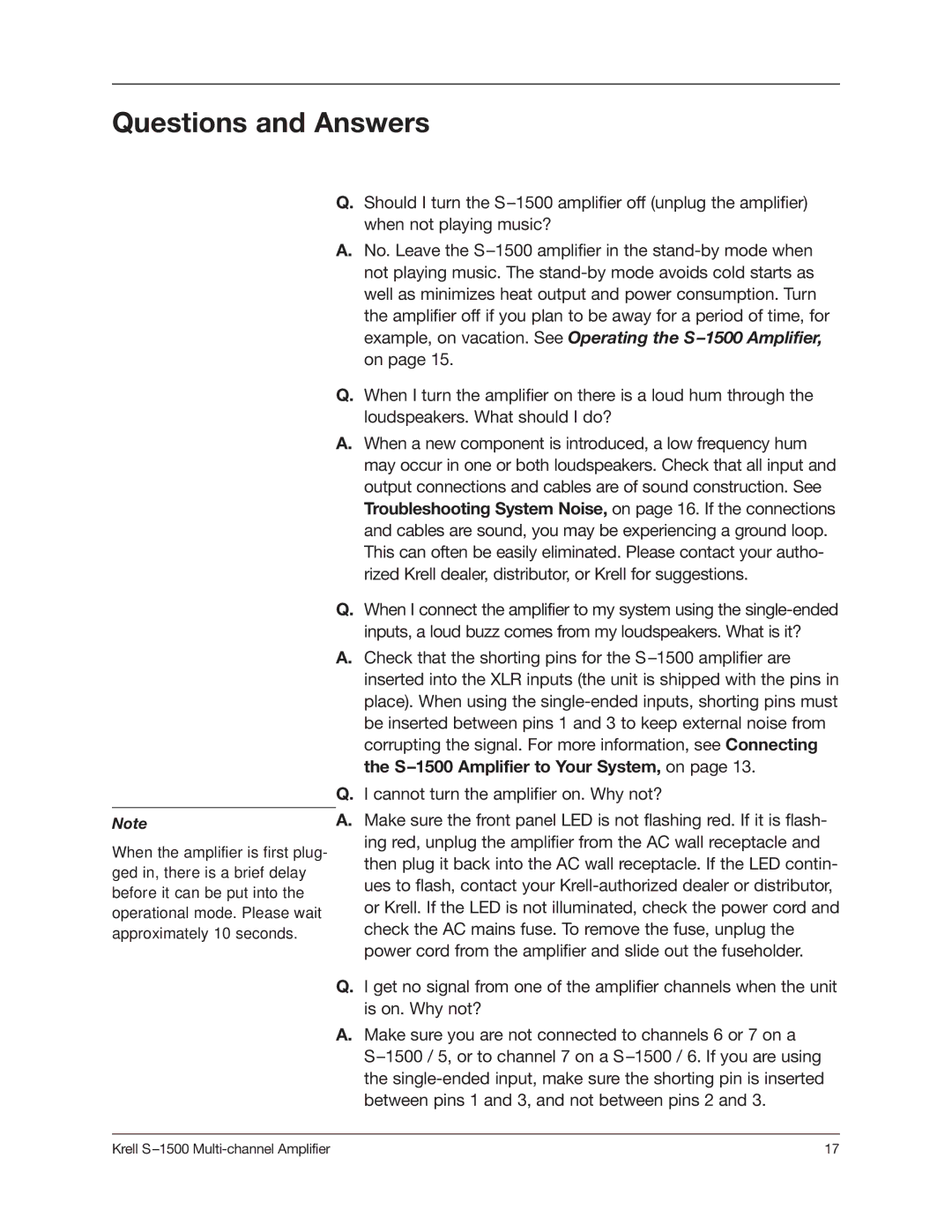 Krell Industries S1500 manual Questions and Answers 