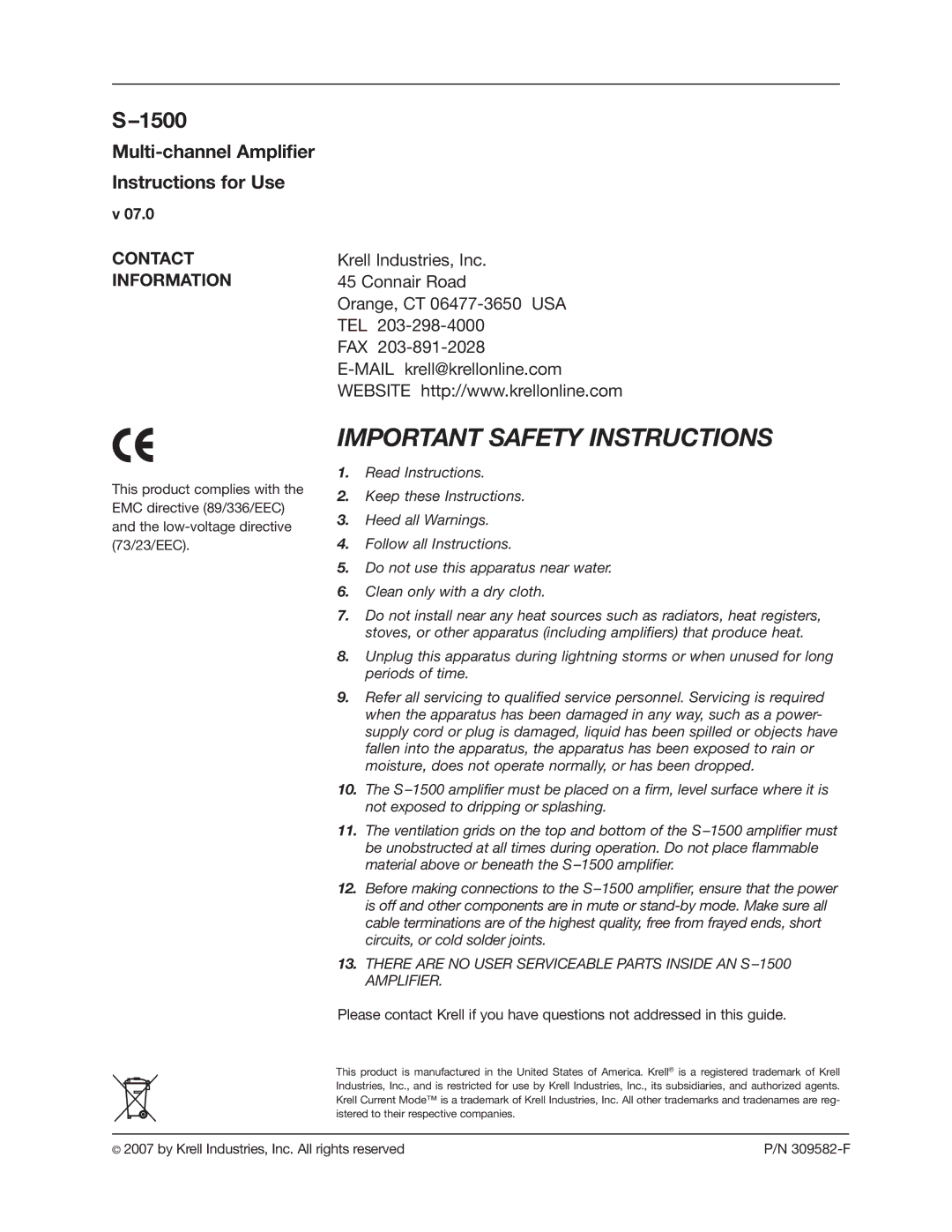 Krell Industries S1500 manual Contact Information 