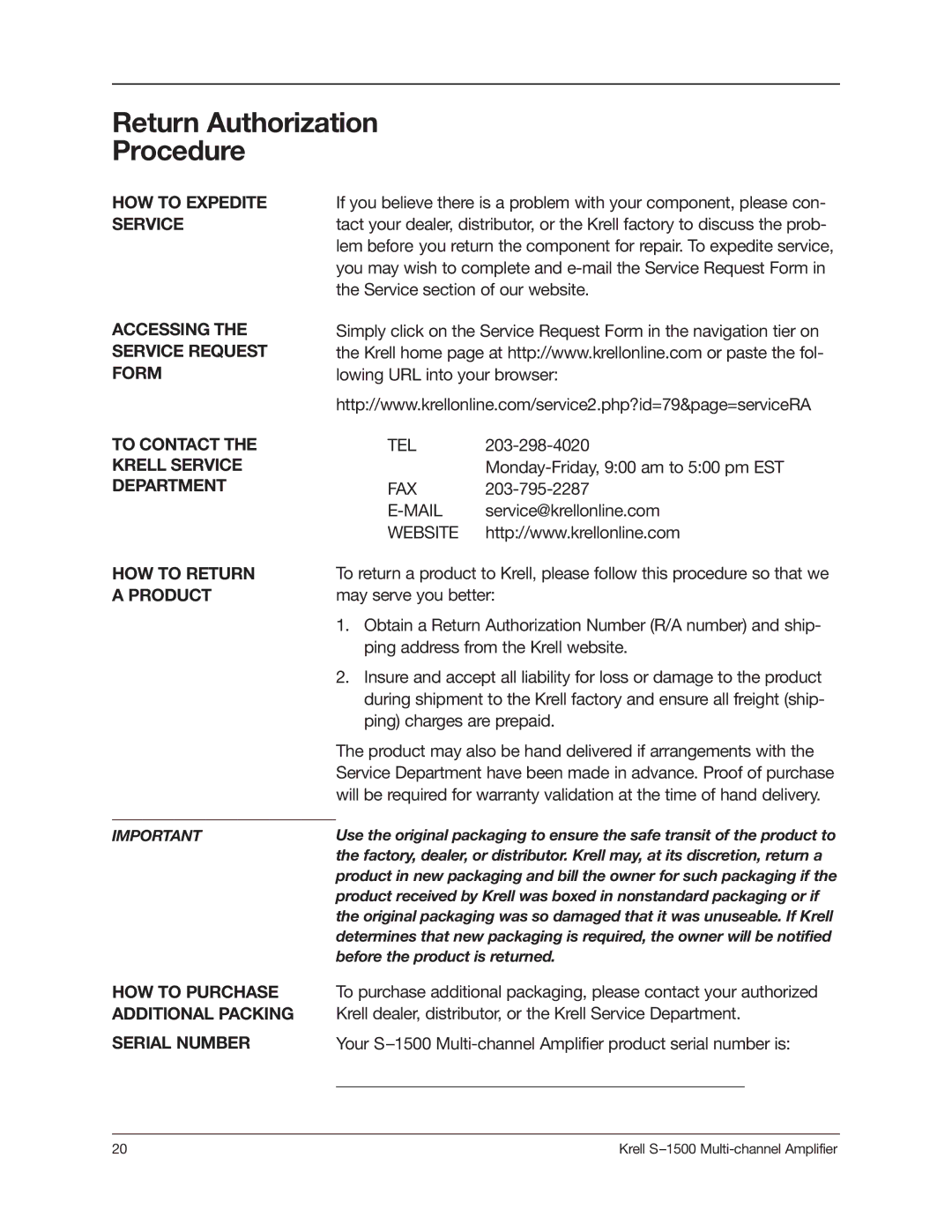 Krell Industries S1500 manual Accessing the Service Request Form, Serial Number 