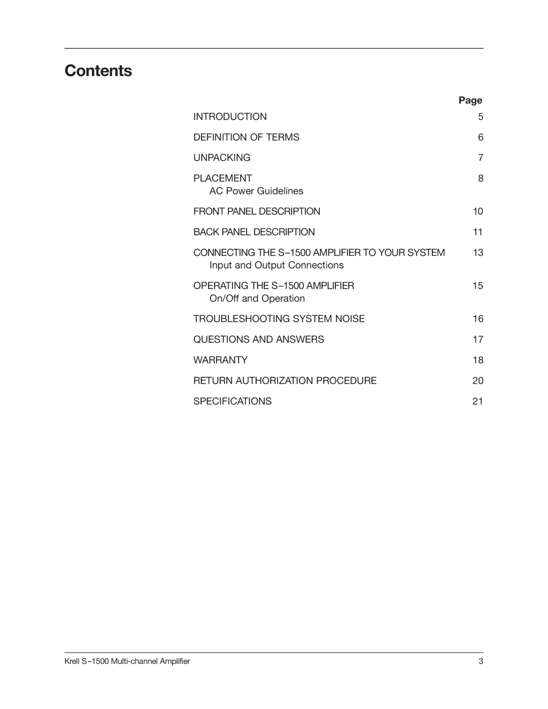 Krell Industries S1500 manual Contents 