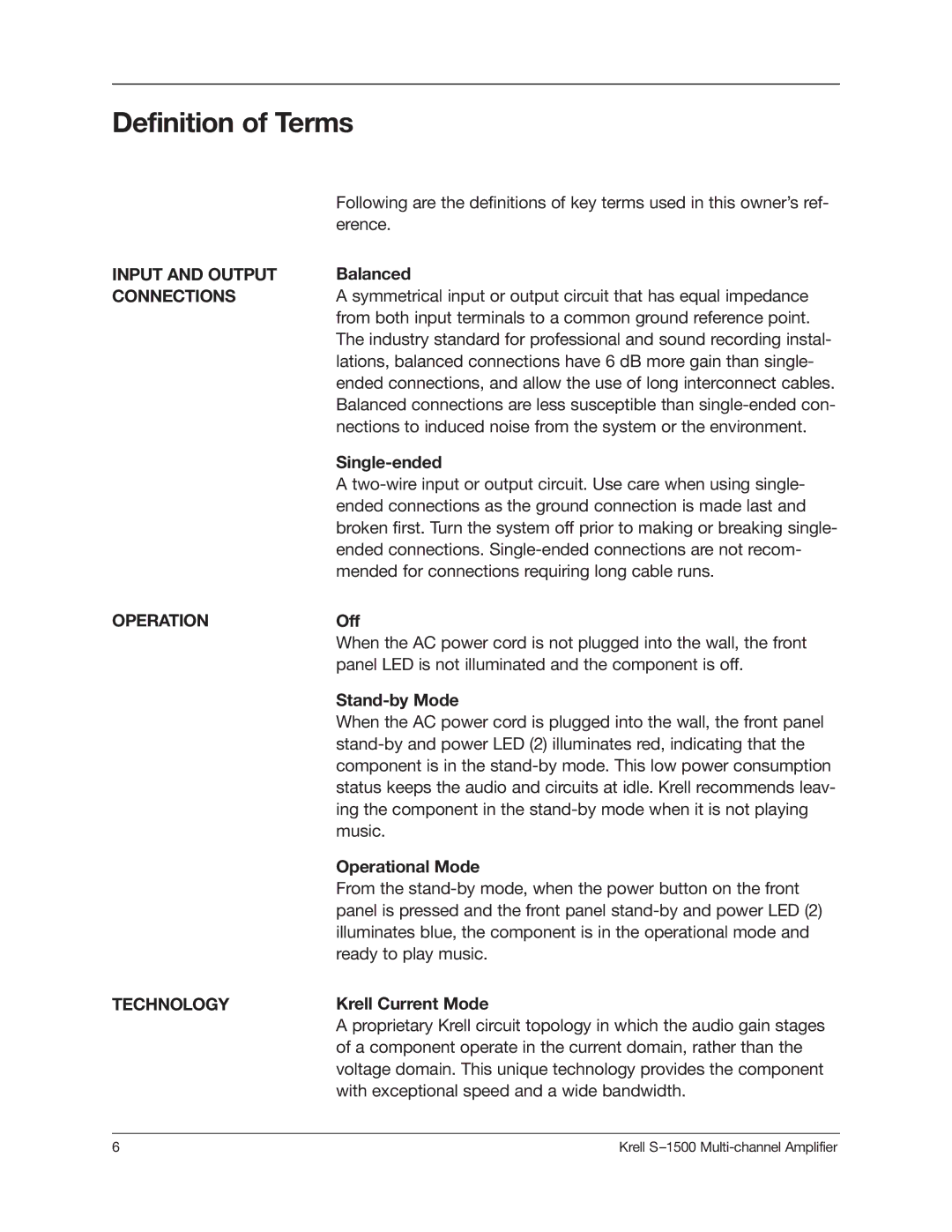 Krell Industries S1500 manual Definition of Terms, Input and Output, Connections, Operation, Technology 