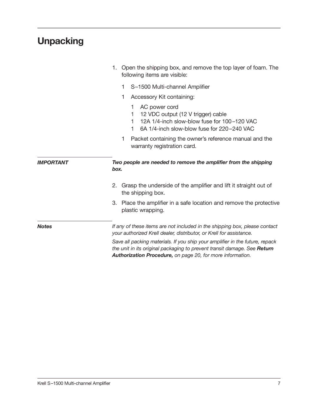 Krell Industries S1500 manual Unpacking 