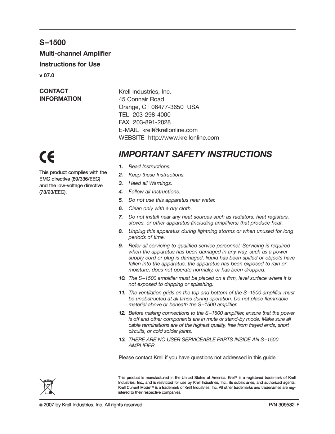 Krell Industries S1500 manual S-1500, Multi-channelAmplifier Instructions for Use, Important Safety Instructions 