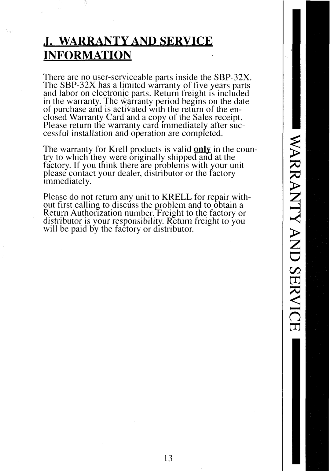 Krell Industries SBP-32X manual l. WARRANTYAND,,SERVICE INFORMATION 