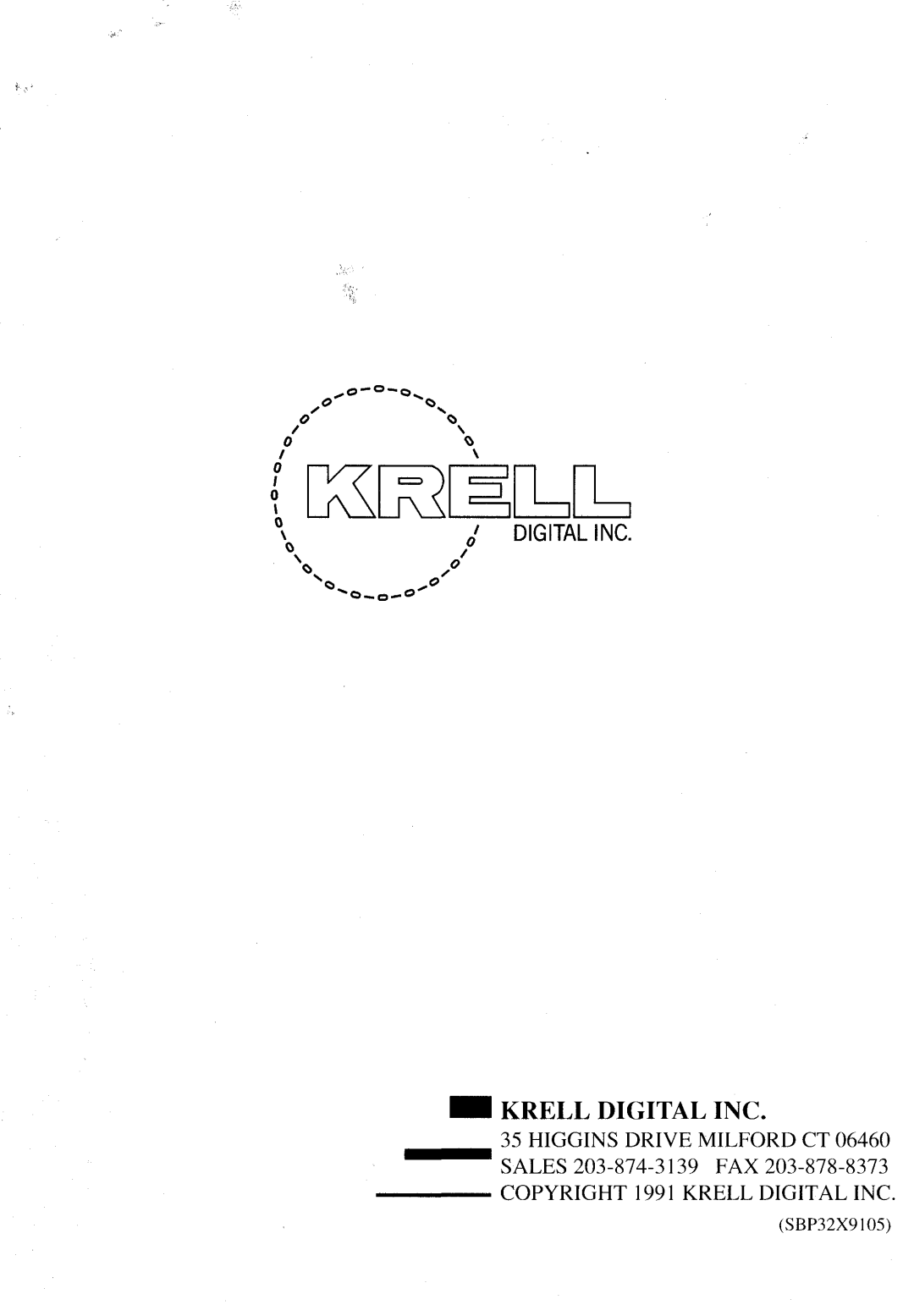 Krell Industries SBP-32X manual Digitalinc, Krell Digital Inc, COPYRIGHT1991 KRELLDIGITAL INC, SBP32X9105 