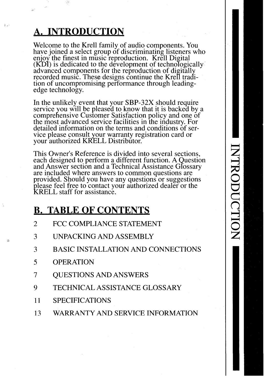 Krell Industries SBP-32X manual A.Introduction, B., Tableof,,Contents 