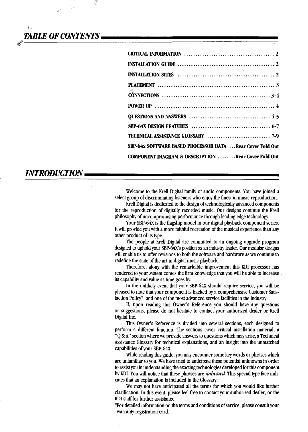 Krell Industries SBP-64X manual Table of Contents, Introduction 