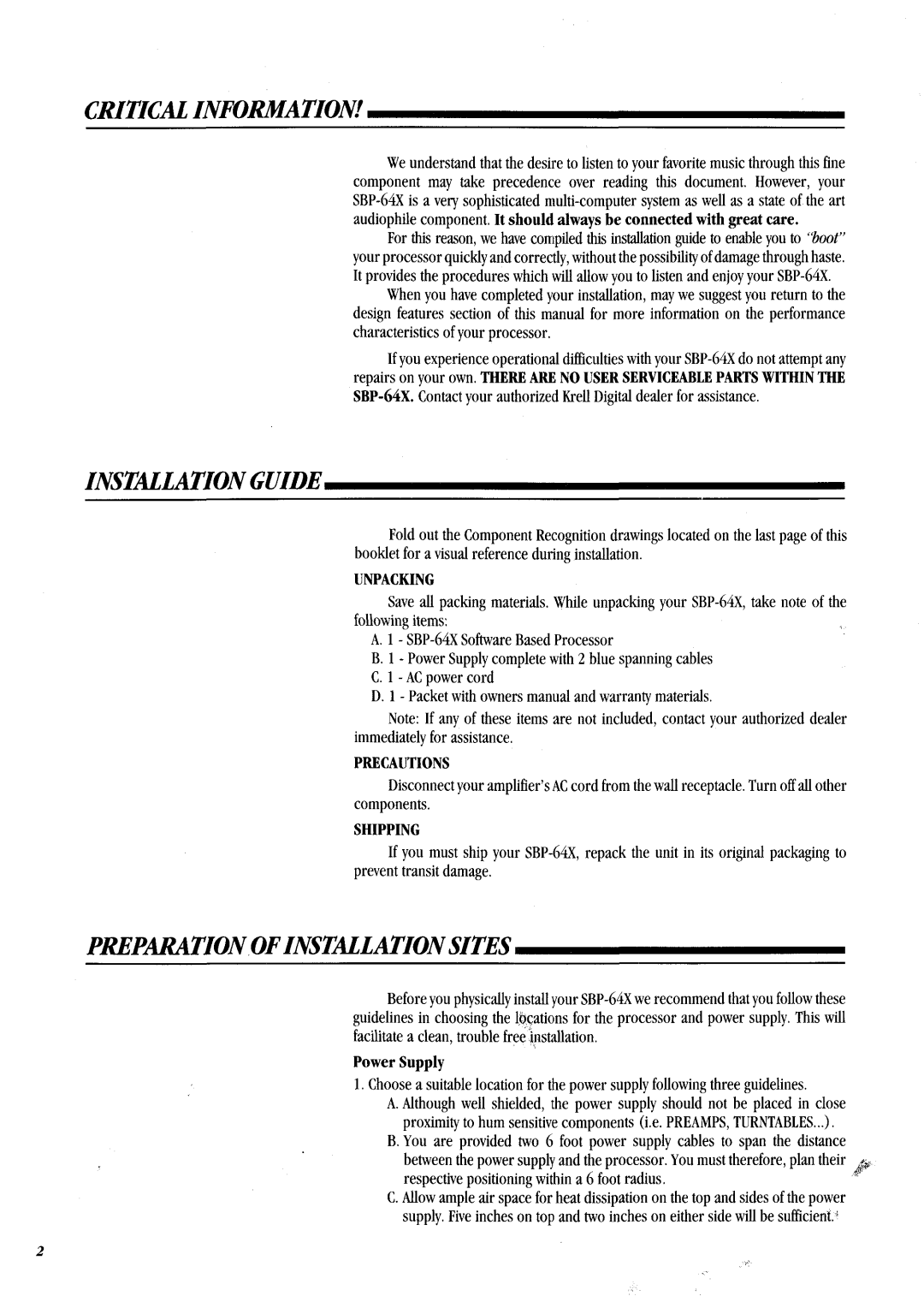 Krell Industries SBP-64X manual Critical Information, Installationguide, Parationof Installationsites 