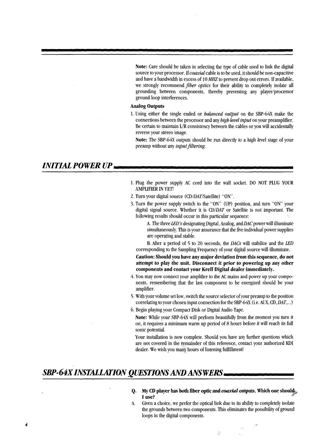 Krell Industries manual Initial Powerup, SBP-64XINSTALLIONQUESTIONSANDANSWERS, AnalogOutputs 