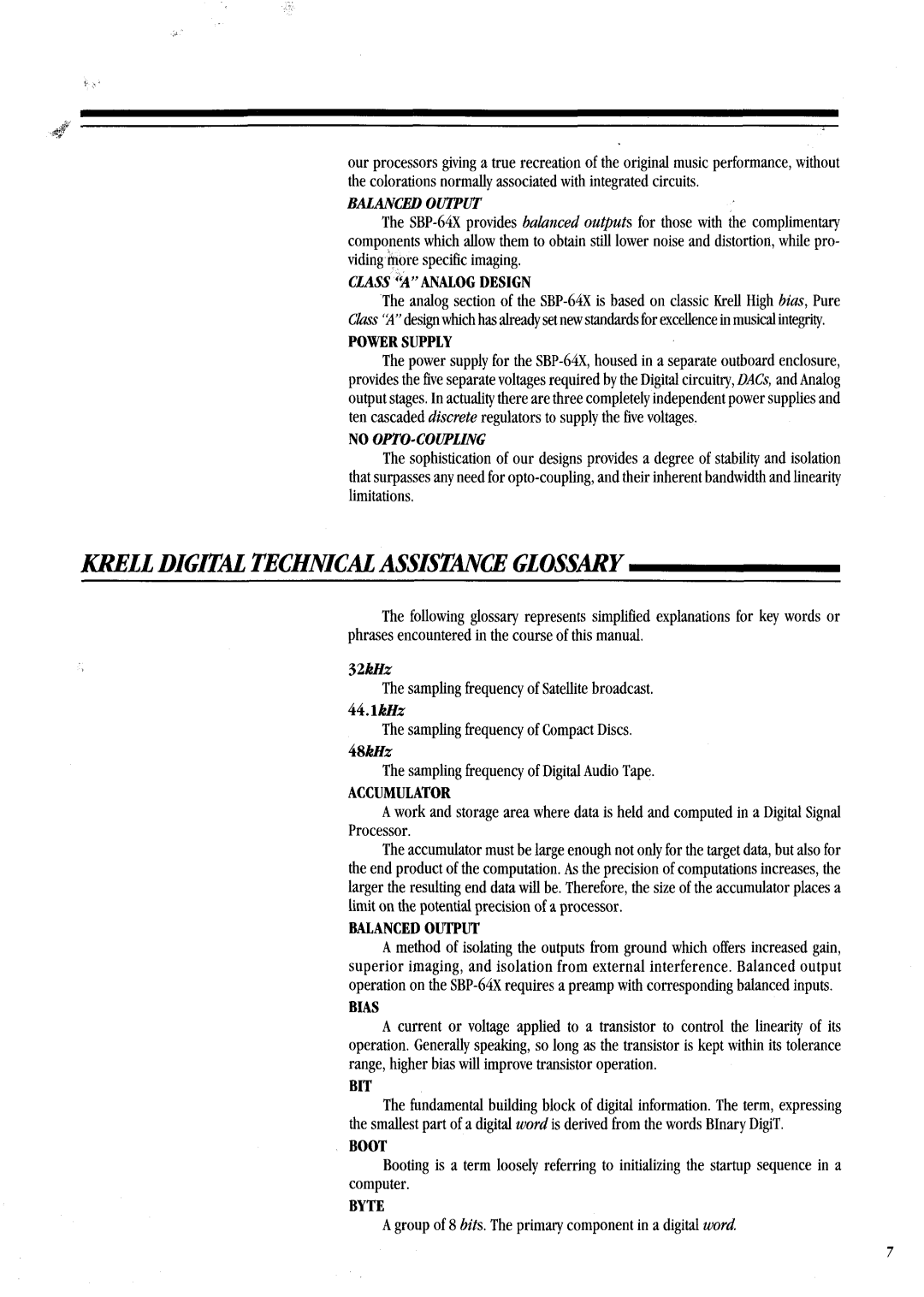 Krell Industries SBP-64X manual Krelldigitaltechnicalassistanceglossary, Powersupply, Bias, Bit, Byte 