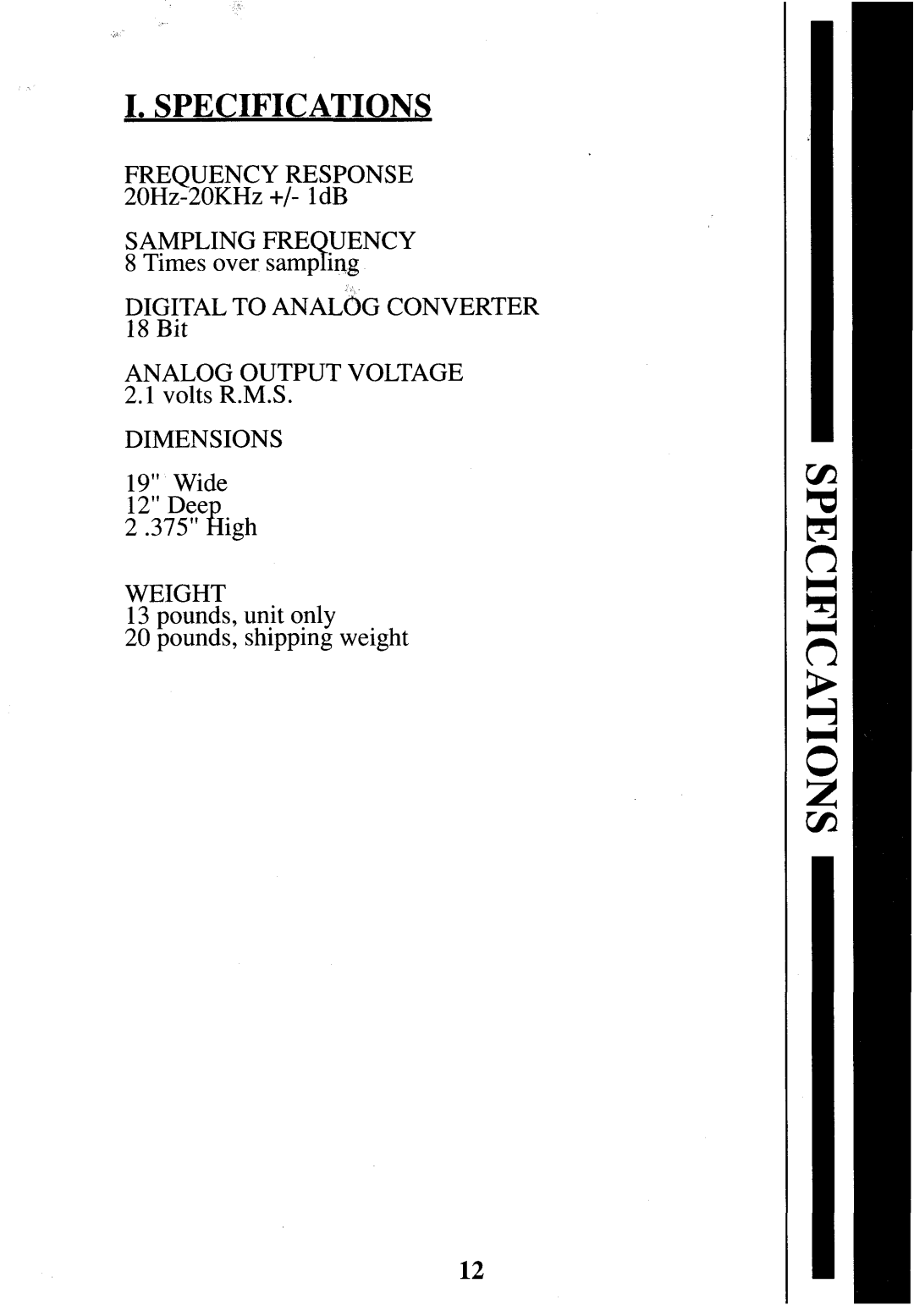 Krell Industries Stereo Preamplifie manual Specifications, 18 Bit 