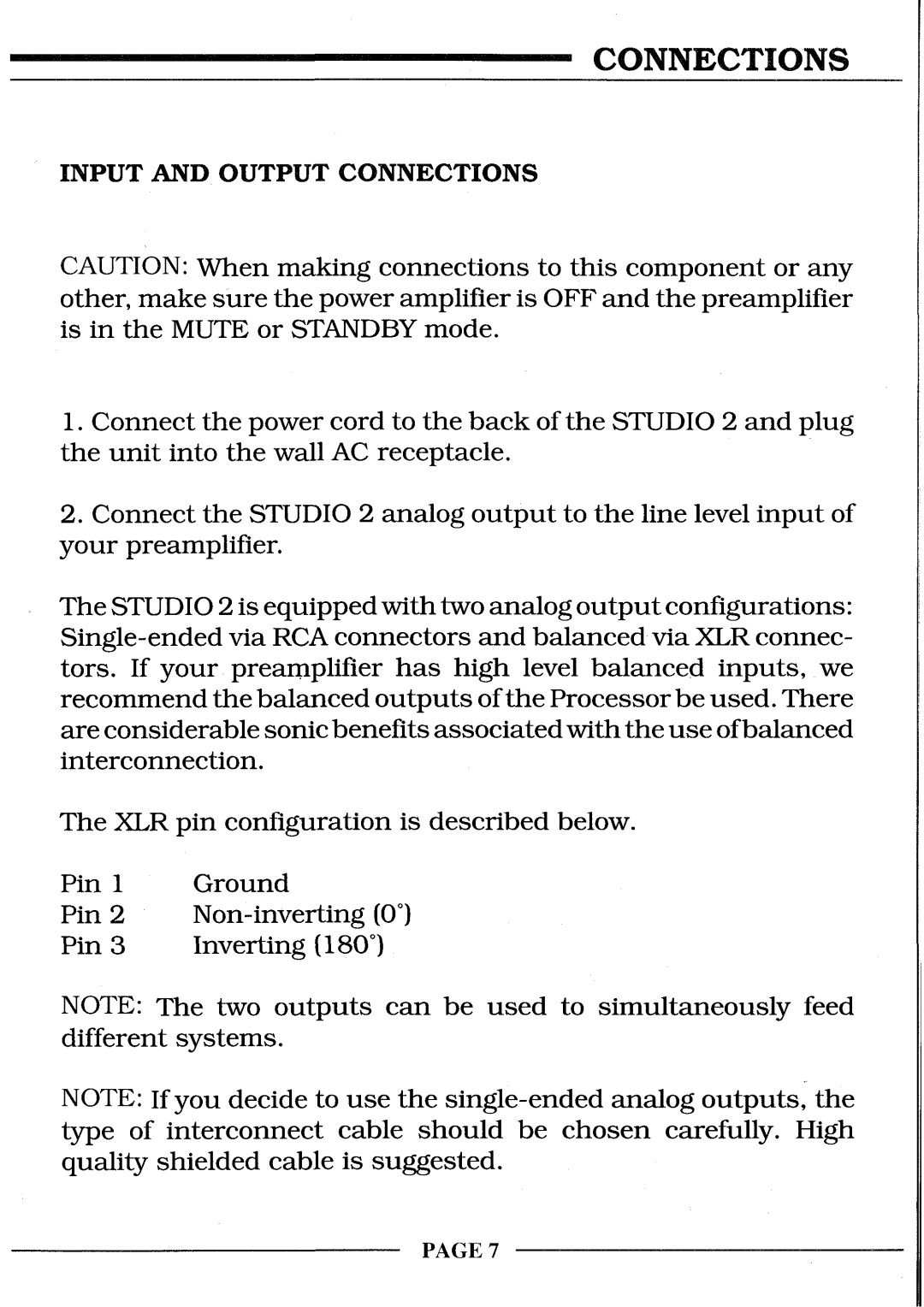 Krell Industries STUDIO 2 manual Input and Output Connections 