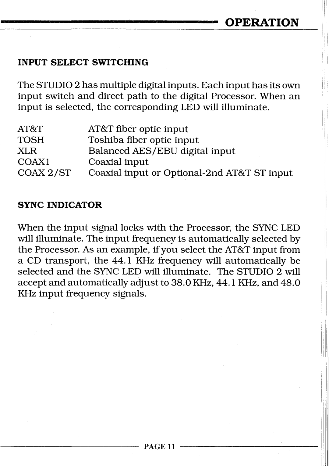 Krell Industries STUDIO 2 manual Operation, Input Select Switching, Sync Indicator 