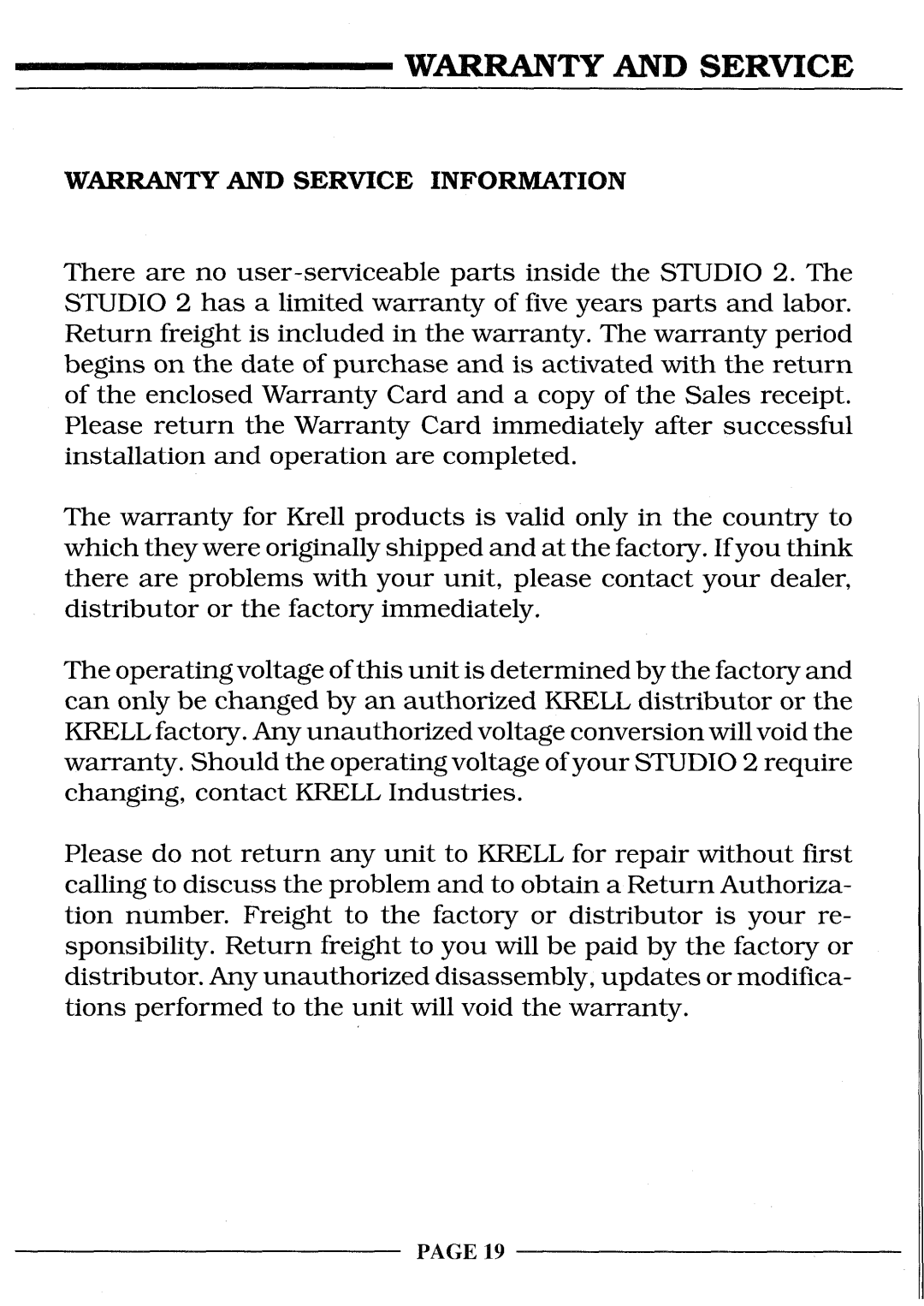 Krell Industries STUDIO 2 manual Warranty And Service Information 
