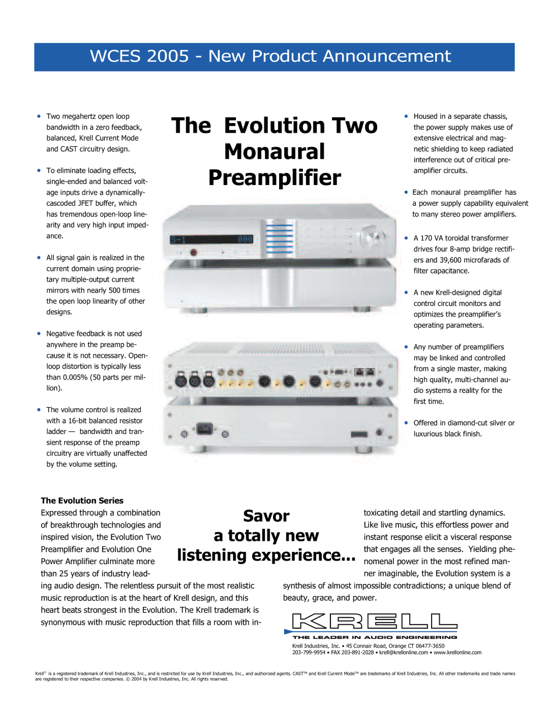 Krell Industries WCES 2005 manual Evolution Two Monaural Preamplifier, Wces 2005 New Product Announcement 