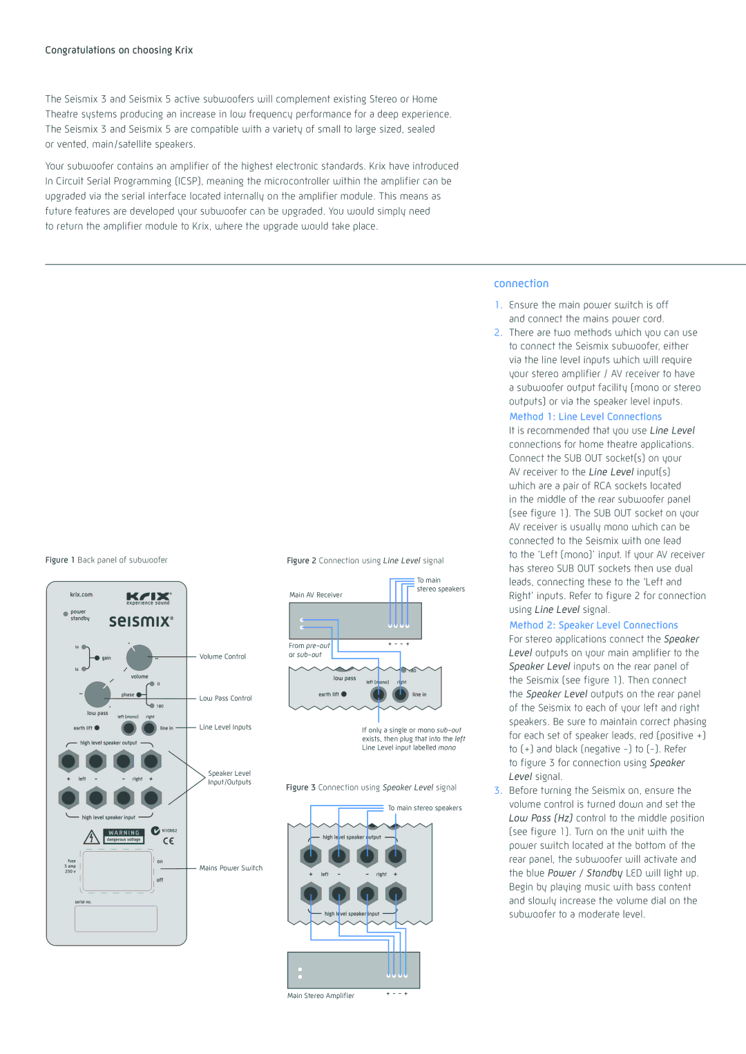 Krix Seismix 5, Seismix 3 owner manual Connection 