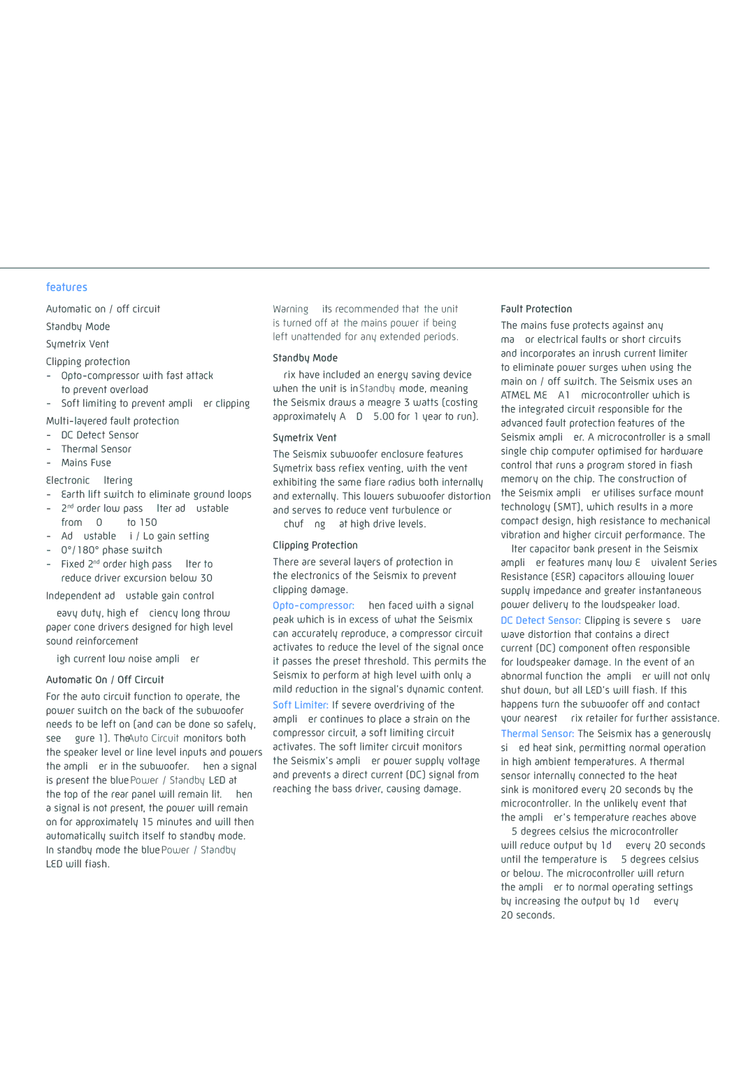 Krix Seismix 3, Seismix 5 owner manual Features, Fault Protection, Seconds 